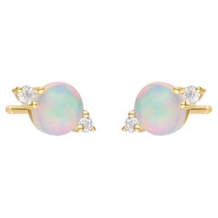 0.73 Carat Round-cab Ethiopian Opal with Diamond Accents 10K Yellow Gold Earring