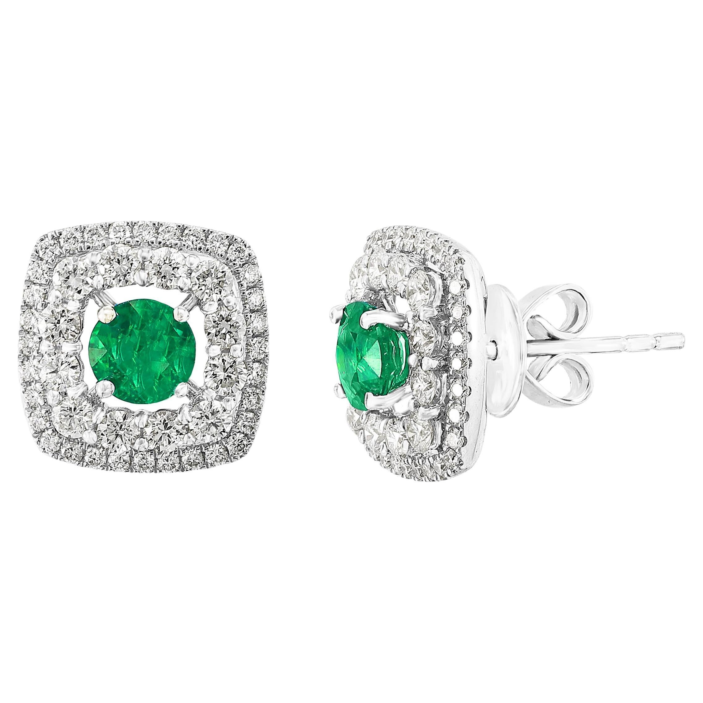 0.73 Carat Round Cut Emerald and Diamond Stud Earrings in 18K White Gold For Sale