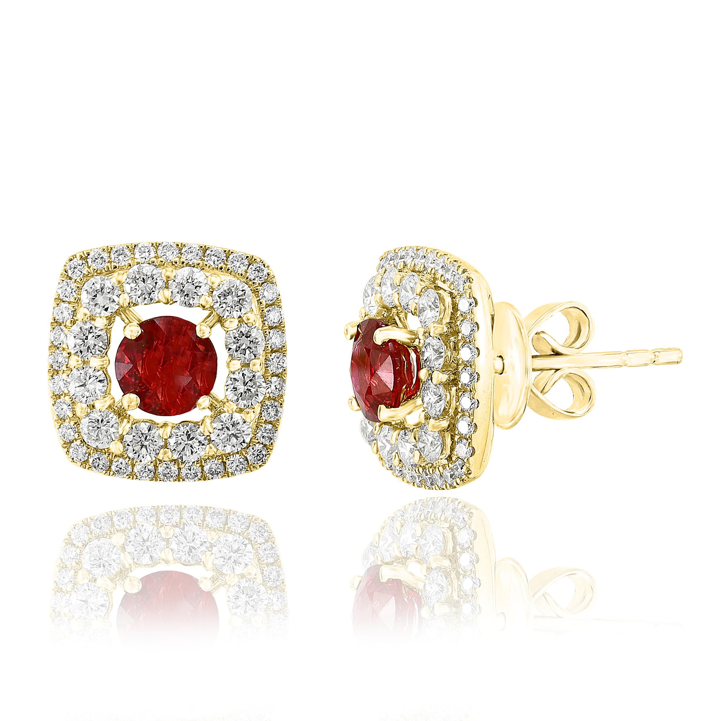 A simple pair of stud earrings showcasing 0.73 carats of round shape 2 red rubies, surrounded by a double row of 88 brilliant round diamonds weighing 1.11 carats and made in 18-karat yellow gold.