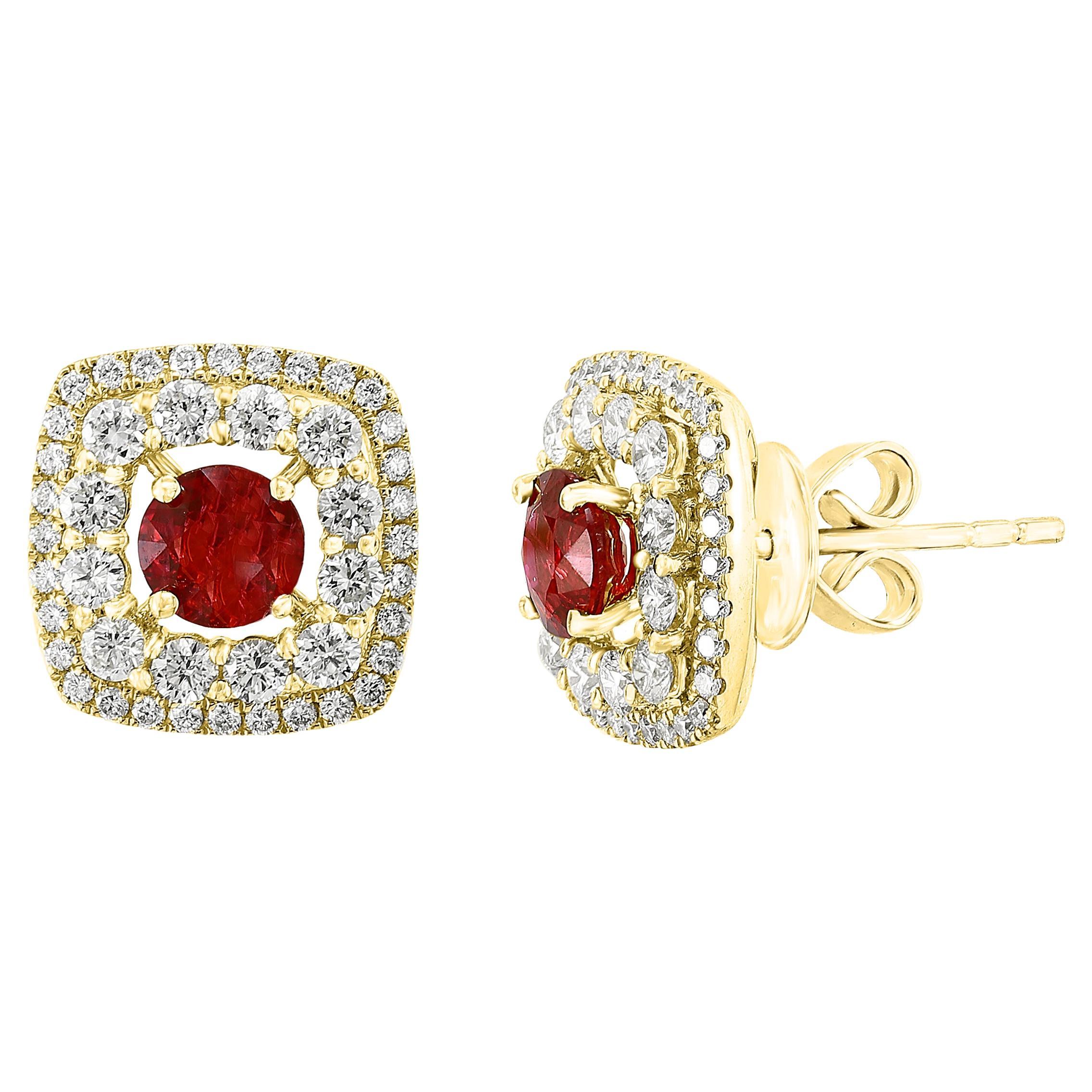 0.73 Carat Round Cut Ruby and Diamond Stud Earrings in 18K Yellow Gold