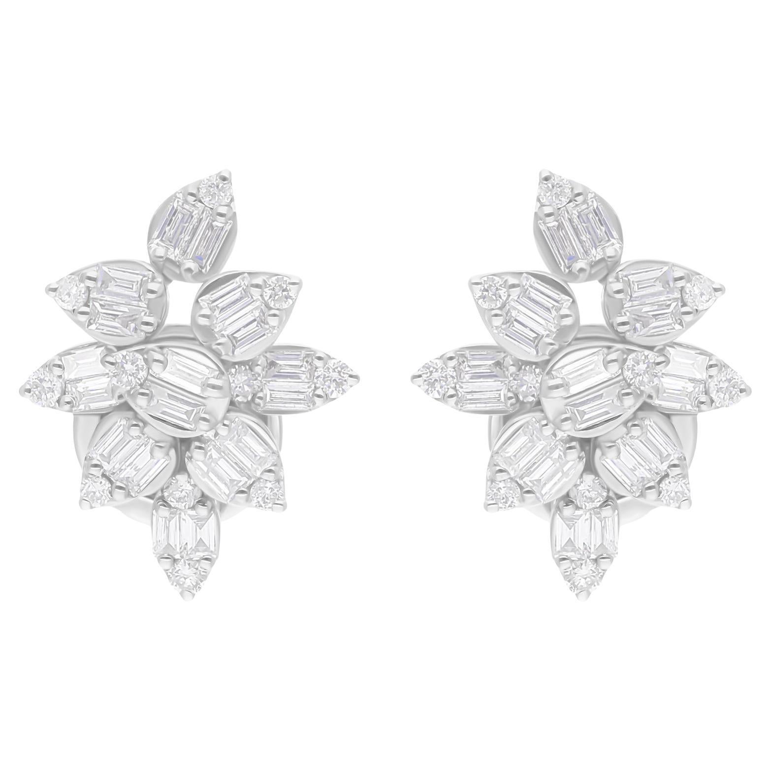 0.73 Carat SI/H Baguette Round Brilliant Cut Diamond Earrings 18k White Gold For Sale