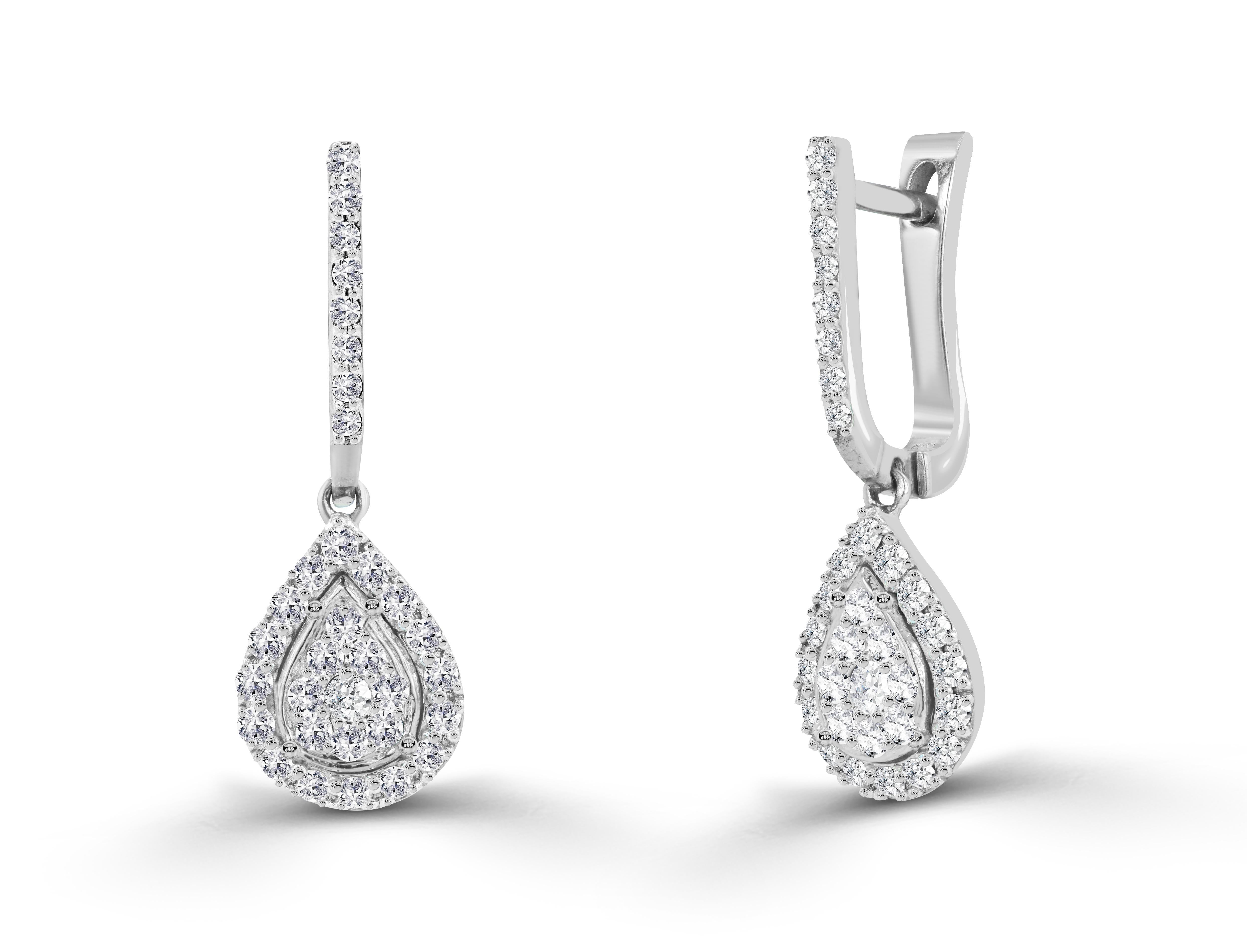 Round Cut 0.73 Carat Diamond Pear Shaped Drop Earrings in 18k Gold For Sale