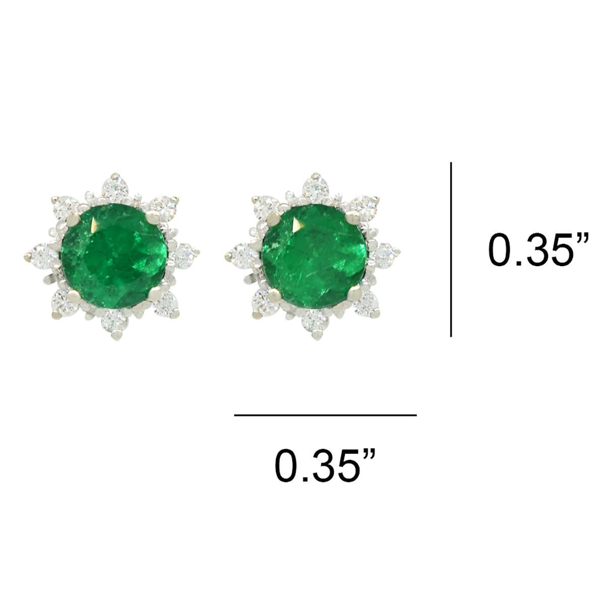 Rough Cut Fine Emerald and Diamond Stud Earrings in Solid 18K White Gold For Sale