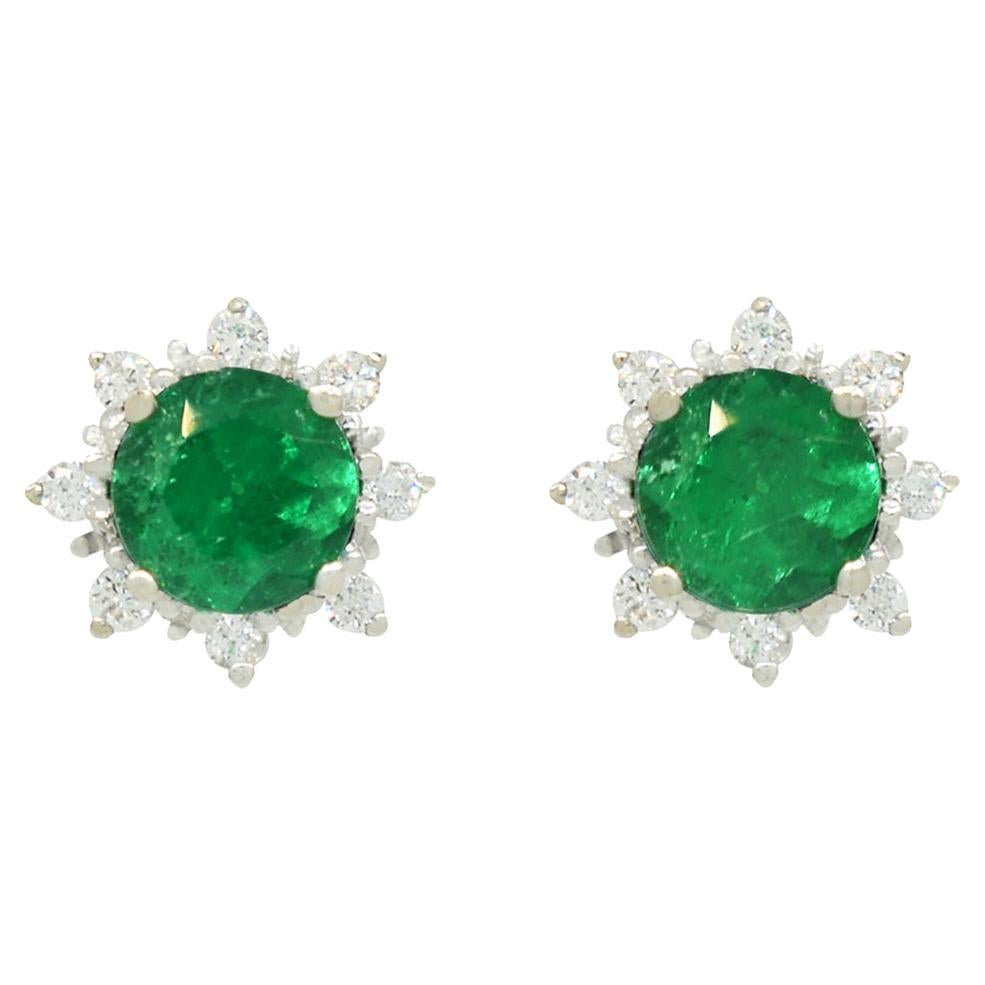 Fine Emerald and Diamond Stud Earrings in Solid 18K White Gold For Sale