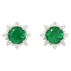 0.73 Carat Real Colombian Emerald and Diamond Stud Earrings in 18K White Gold
