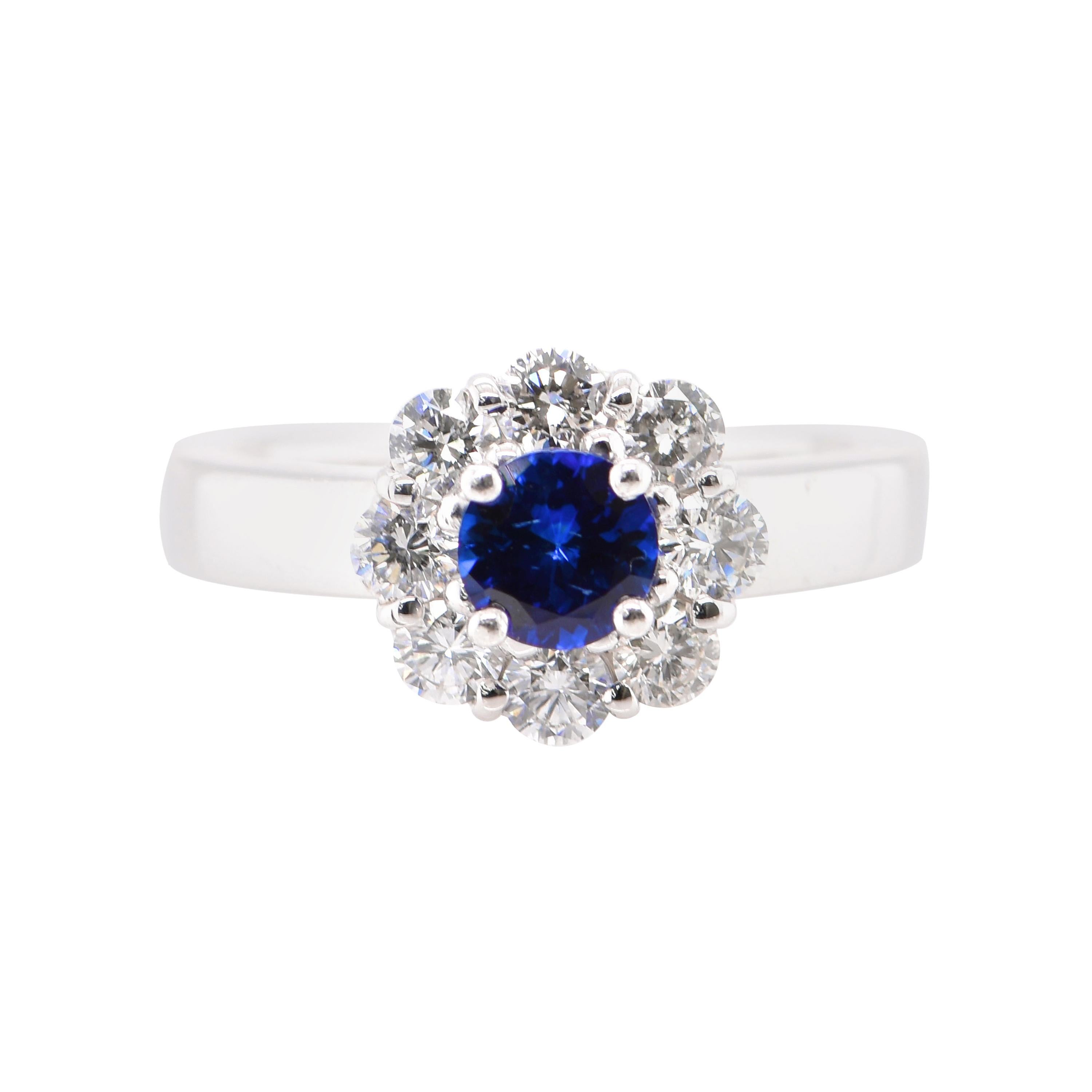0.73 Carat Sapphire and Diamond Engagement Ring Set in 18 Karat White Gold For Sale