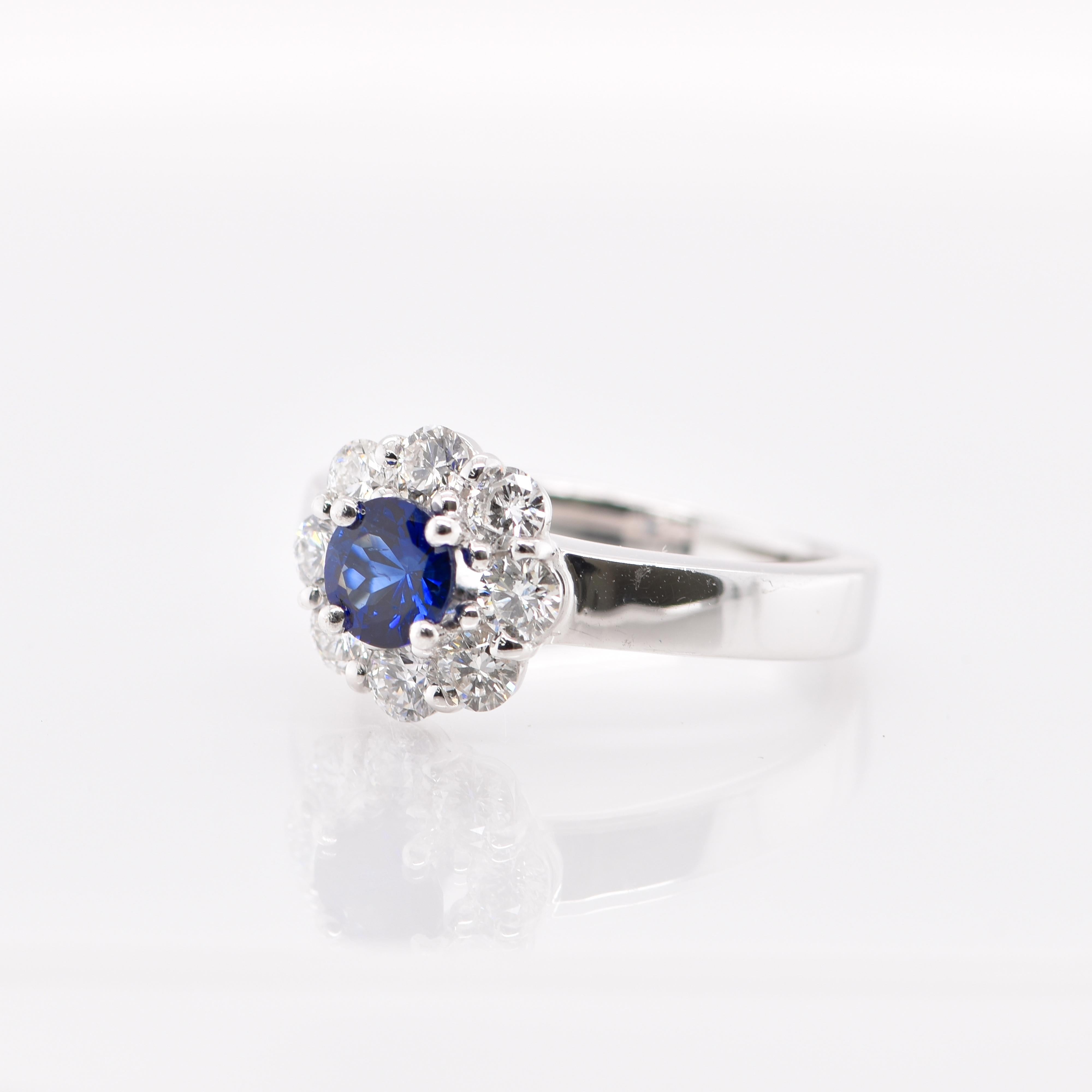 Round Cut 0.73 Carat Sapphire and Diamond Engagement Ring Set in 18 Karat White Gold For Sale