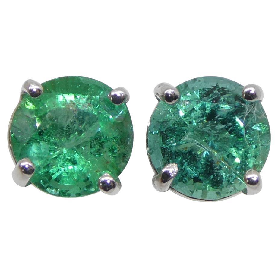 0.73ct Pair Round Green Emerald Stud Earrings set in 14k White Gold