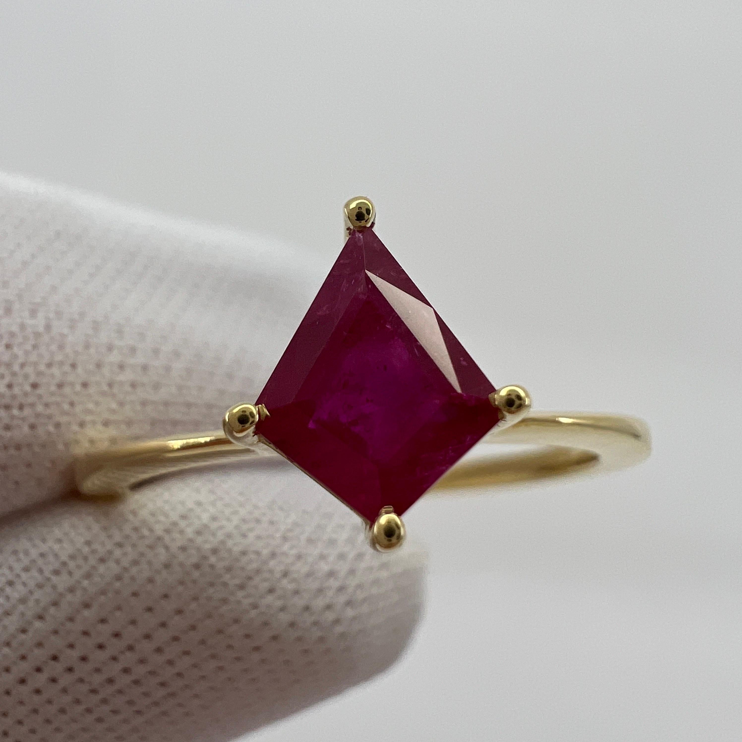 0.73 Carat Pinkish Red Ruby Fancy Kite Cut 18k Yellow Gold Modern Solitaire Ring For Sale 7