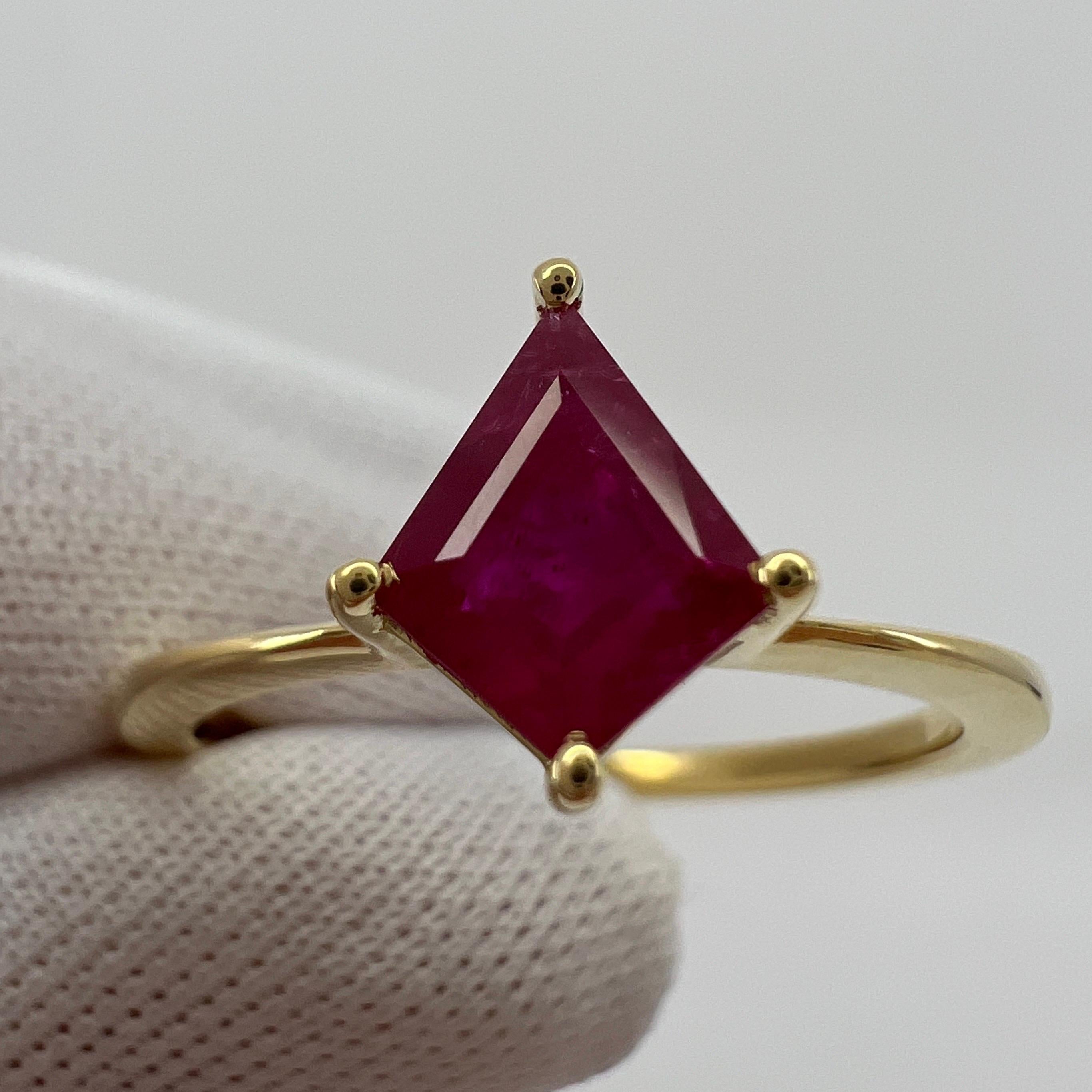 0.73 Carat Pinkish Red Ruby Fancy Kite Cut 18k Yellow Gold Modern Solitaire Ring In New Condition For Sale In Birmingham, GB