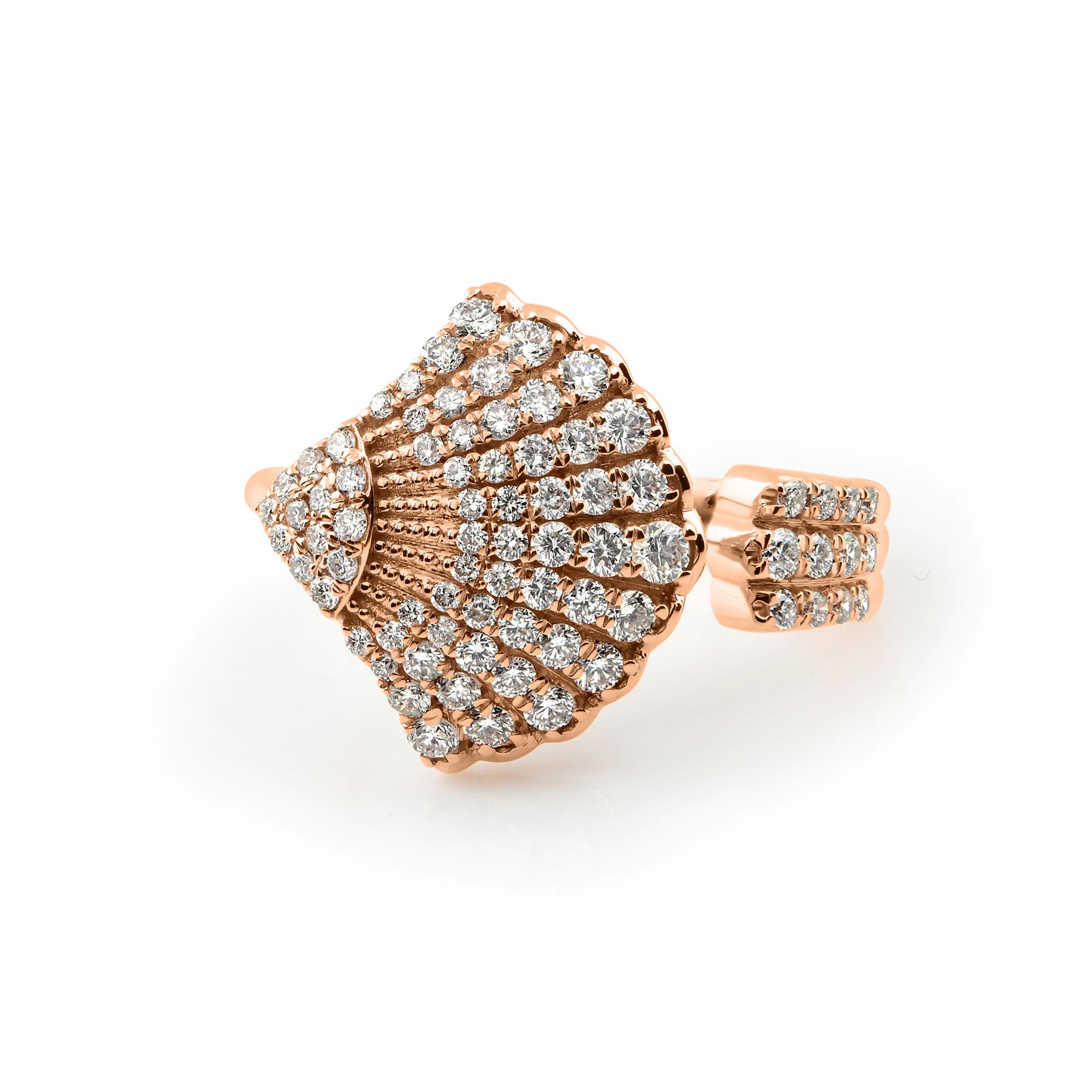 0.73Ct SI/H Pave Set Diamond Seashell Ring 14k Rose Gold