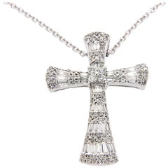 0.74 Carat Baguette and Round Diamonds 14 Karat Gold Cross Pendant Necklace