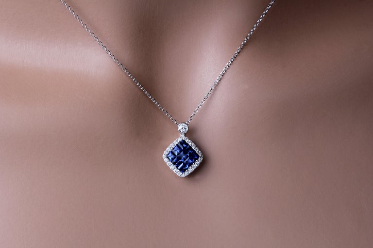 Square Cut 0.74 Carat Blue Sapphire and 0.21 Carat Diamond Pendant in 18k White Gold For Sale