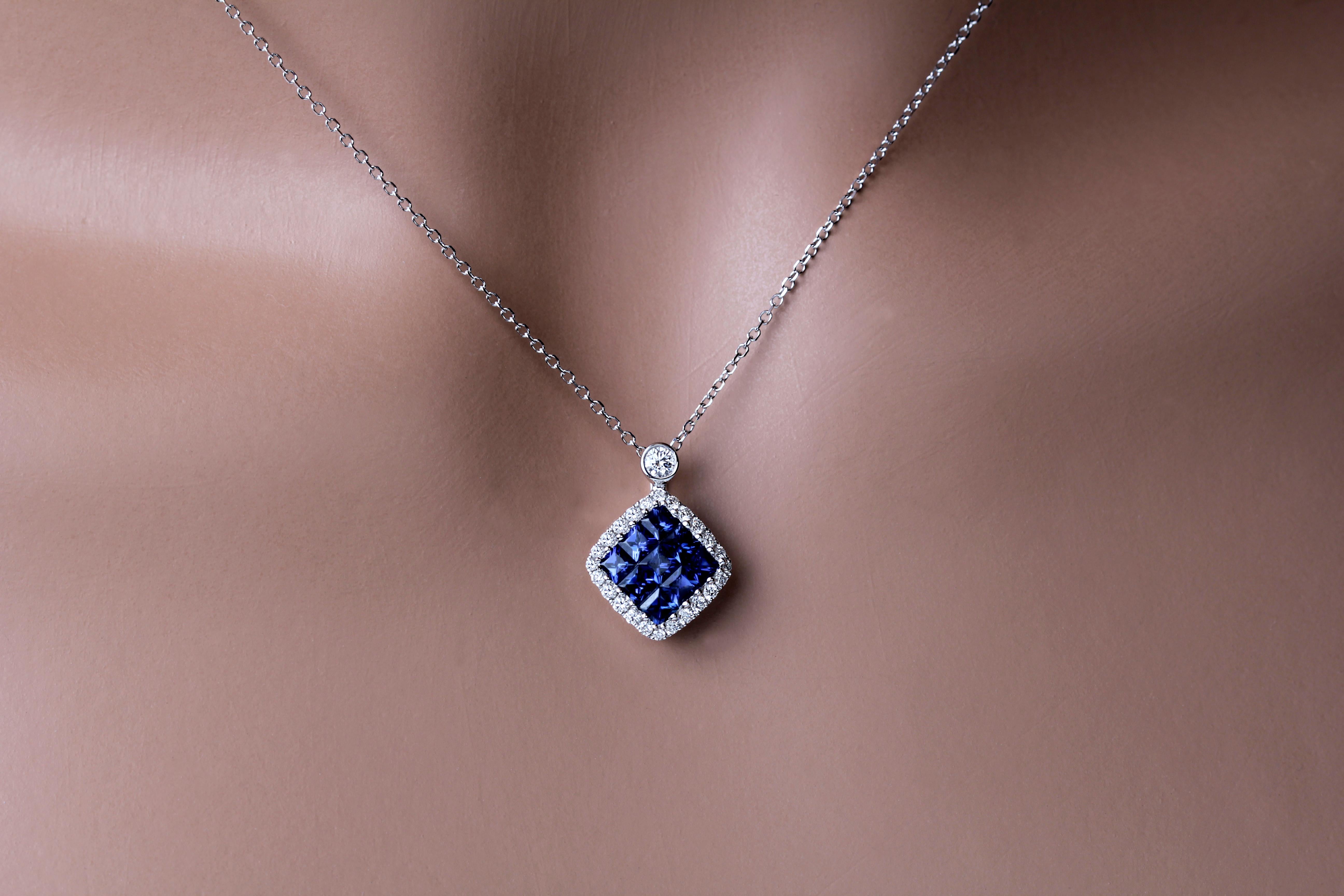 Square Cut 0.74 Carat Blue Sapphire and 0.21 Carat Diamond Pendant in 18k White ref1461 For Sale