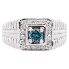 0.74 Carat Blue & White Diamond White Gold Ribbed Men's Ring