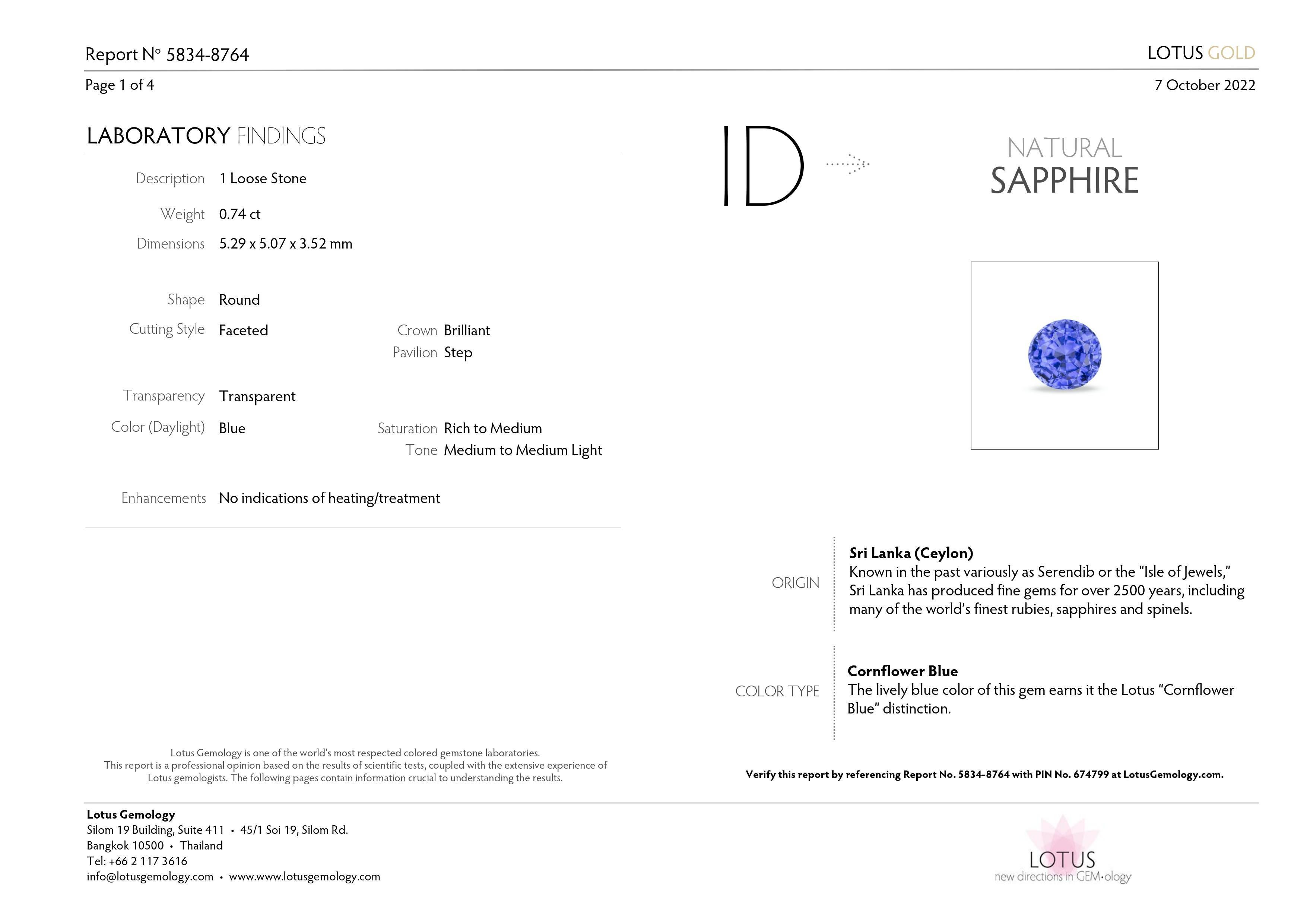 0.74 Carat Cornflower Blue Sapphire from Sri Lanka Lotus Certified 1