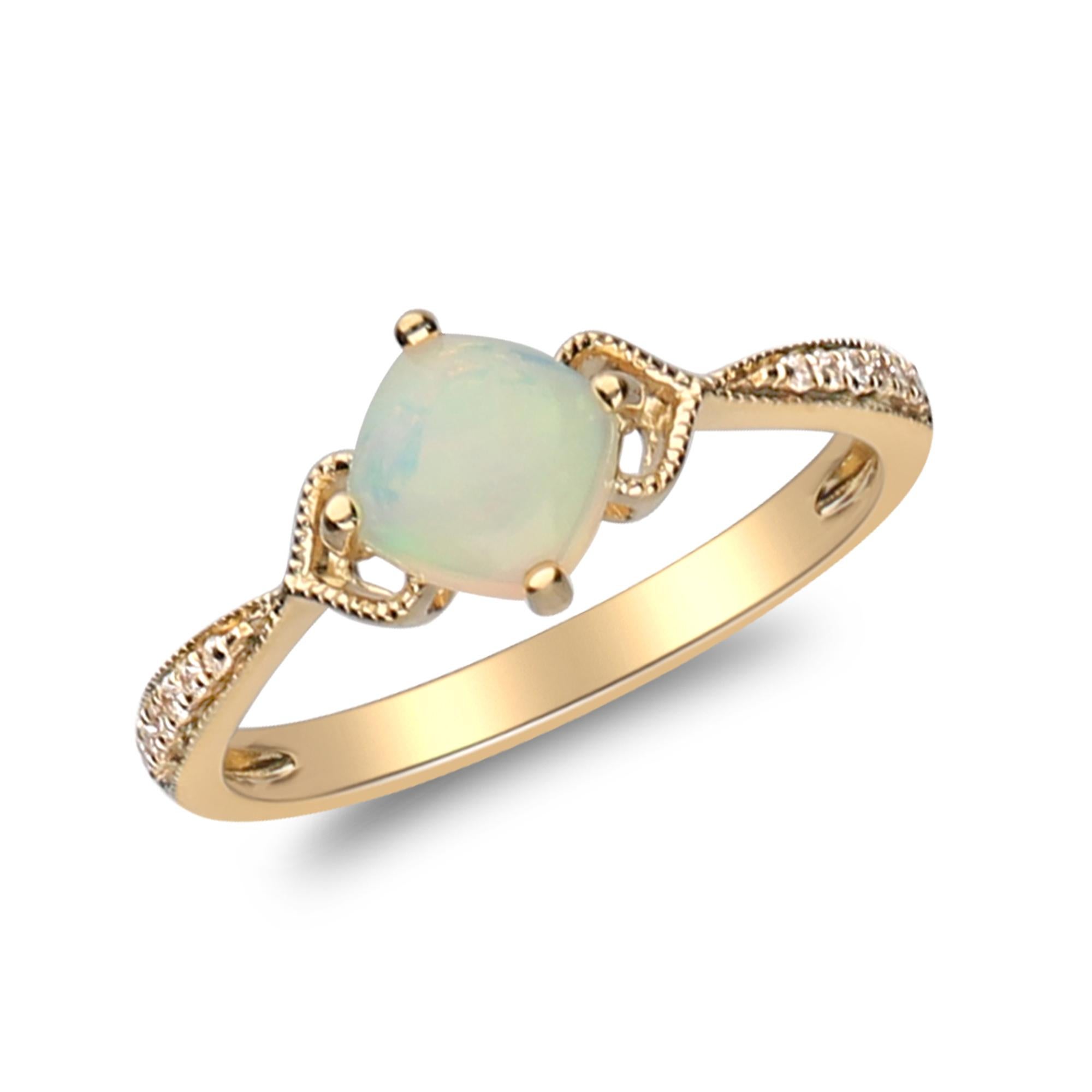 0.74 Carat Cushion-Cab Ethiopian Opal Diamond Accents 14K Yellow Gold Ring In New Condition For Sale In New York, NY