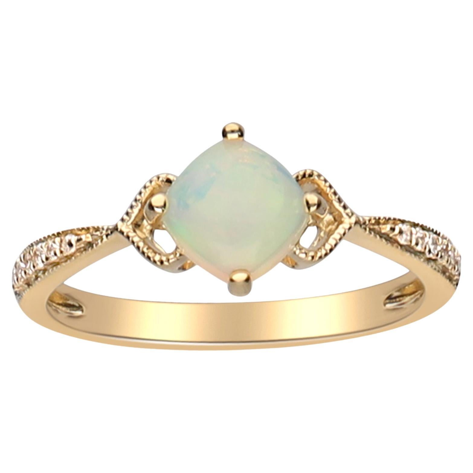 0.74 Carat Cushion-Cab Ethiopian Opal Diamond Accents 14K Yellow Gold Ring For Sale