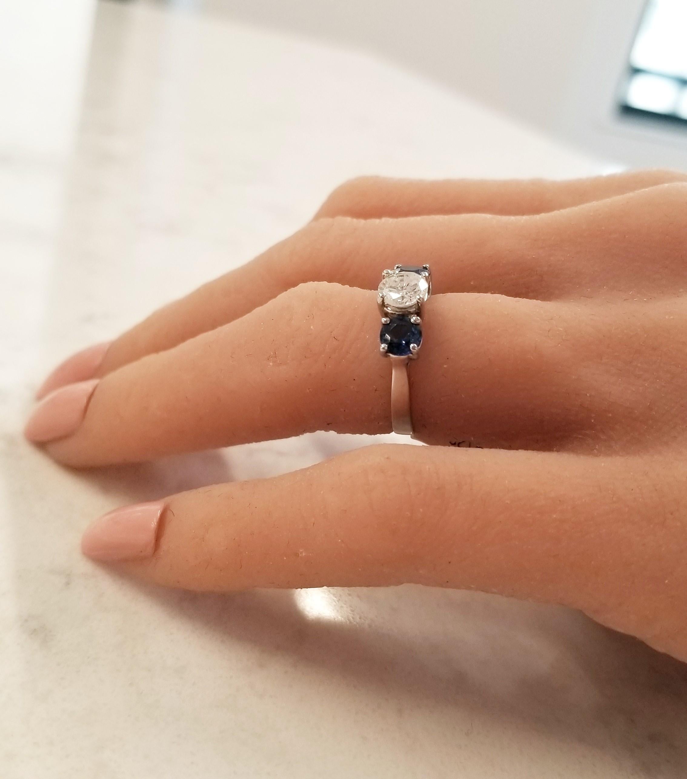 Round Cut 0.74 Carat Diamond and 1.50 Carat Total Blue Sapphire White Gold Cocktail Ring