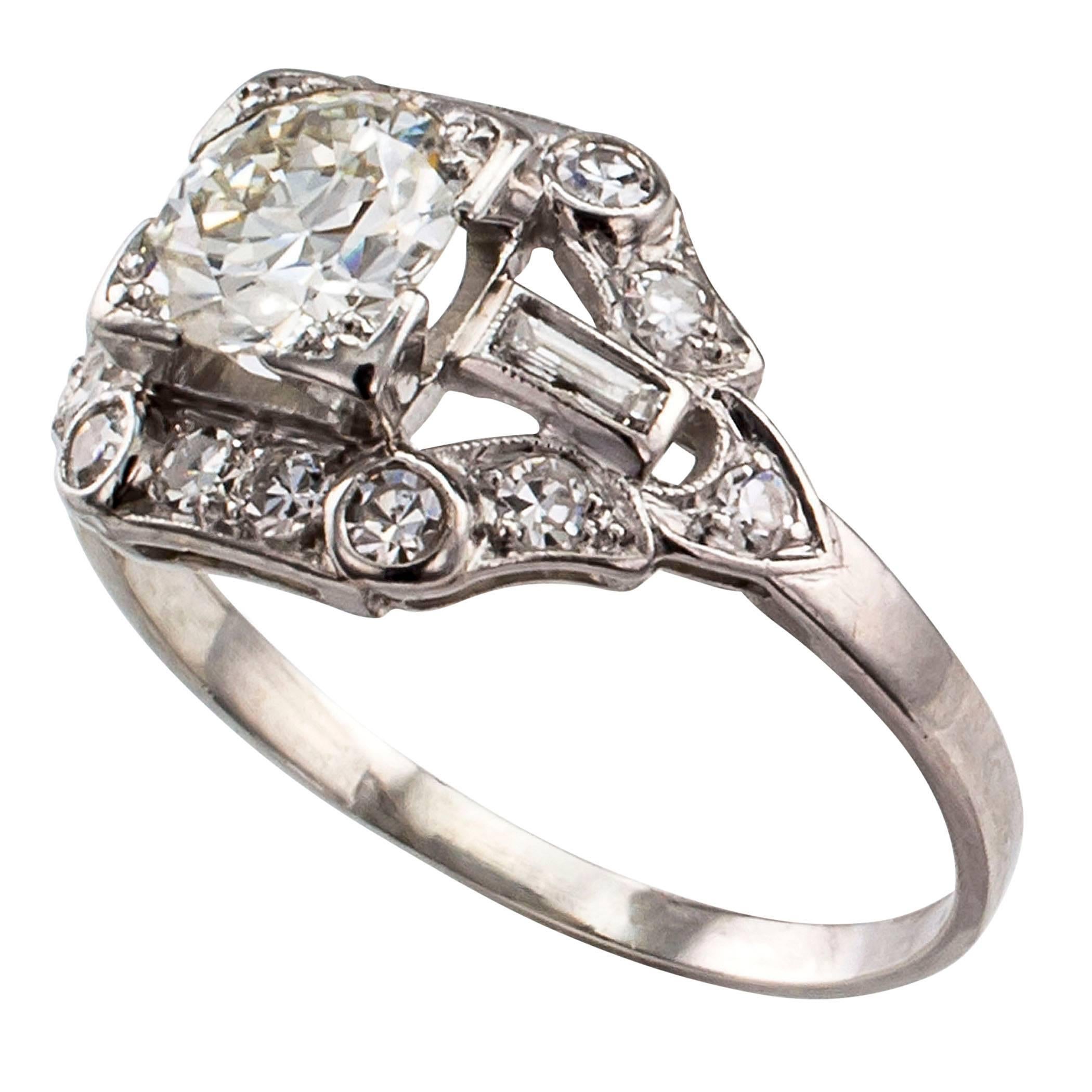 Round Cut 0.74 Carat Diamond Art Deco Platinum Engagement Ring