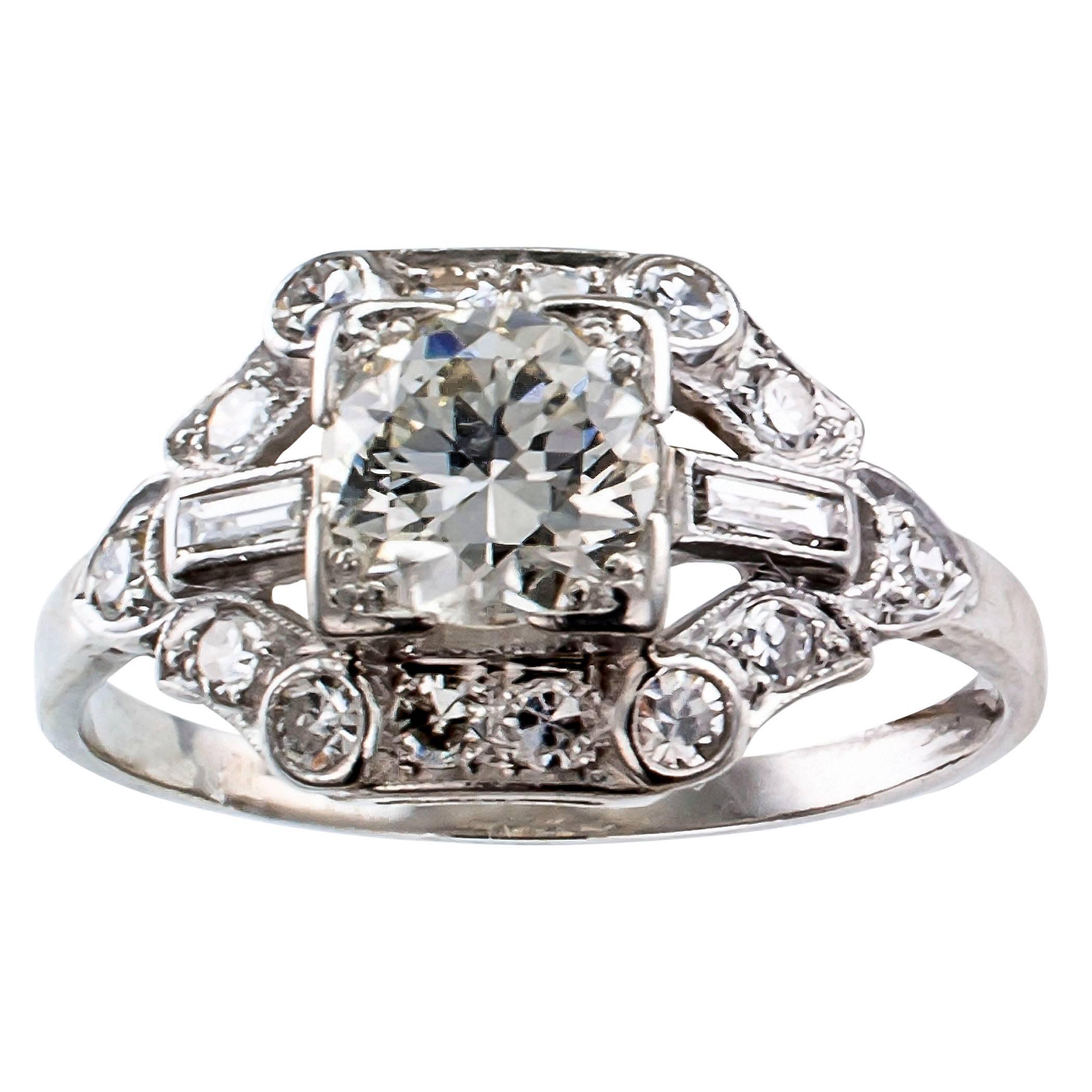 0.74 Carat Diamond Art Deco Platinum Engagement Ring