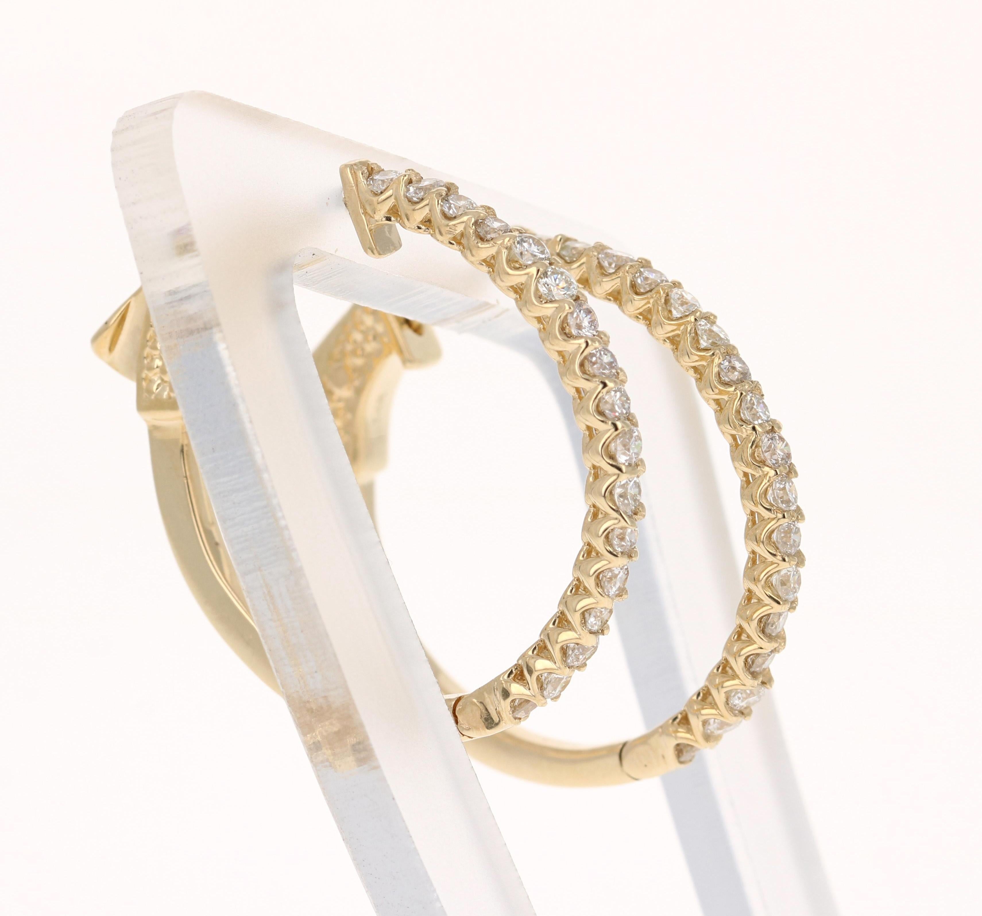 Contemporary 0.74 Carat Diamond Hoop Earrings 14 Karat Yellow Gold For Sale