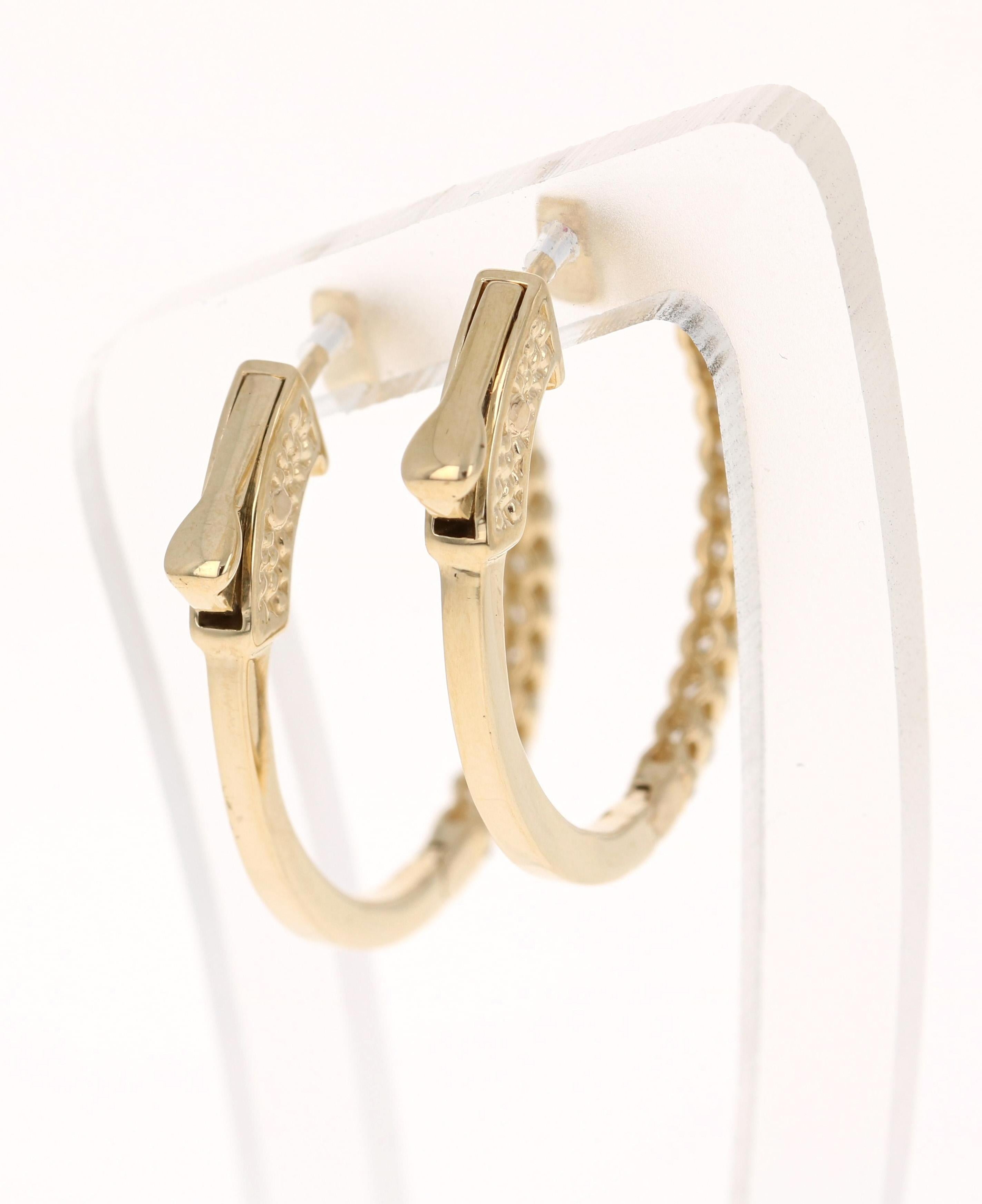Round Cut 0.74 Carat Diamond Hoop Earrings 14 Karat Yellow Gold For Sale