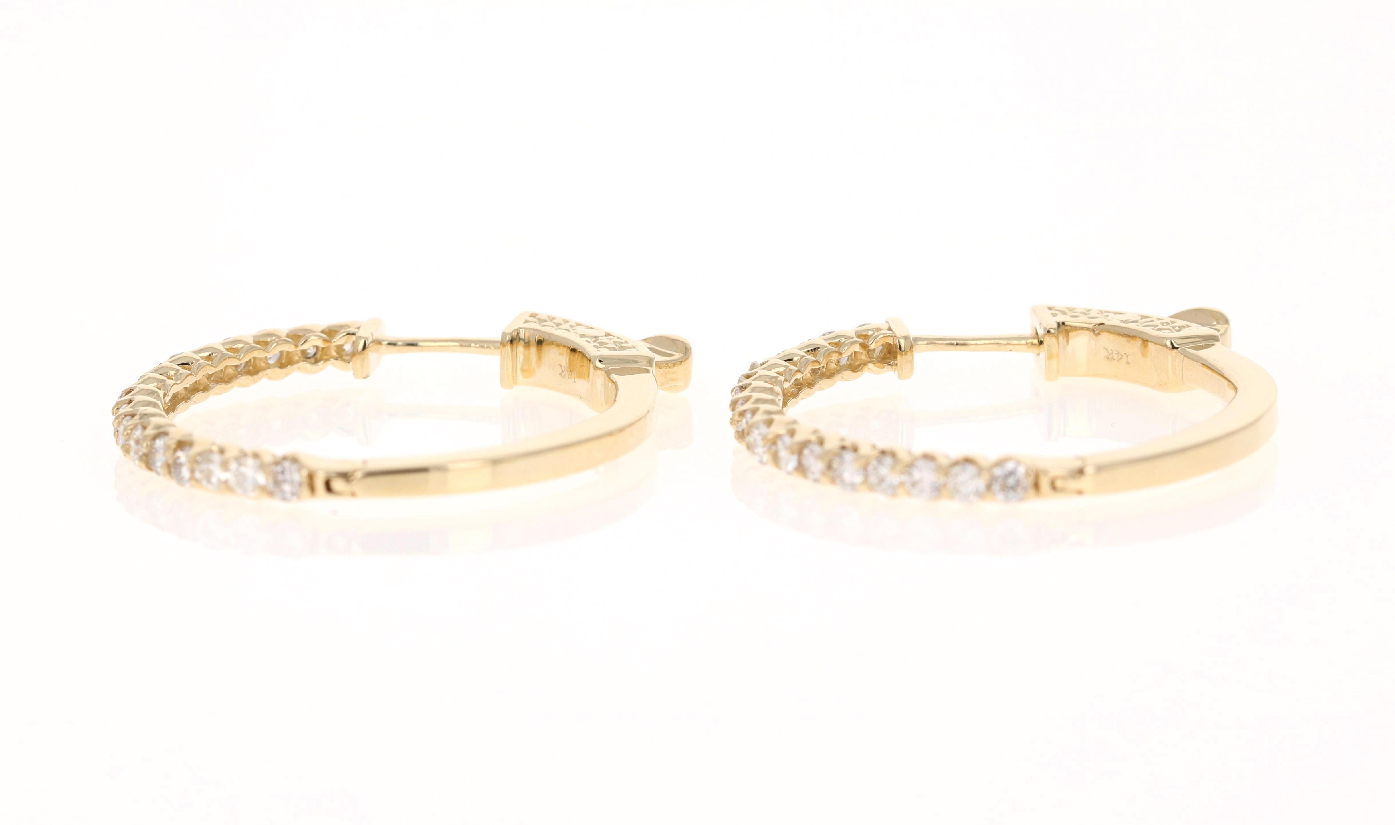 Contemporary 0.74 Carat Diamond Hoop Earrings 14 Karat Yellow Gold For Sale