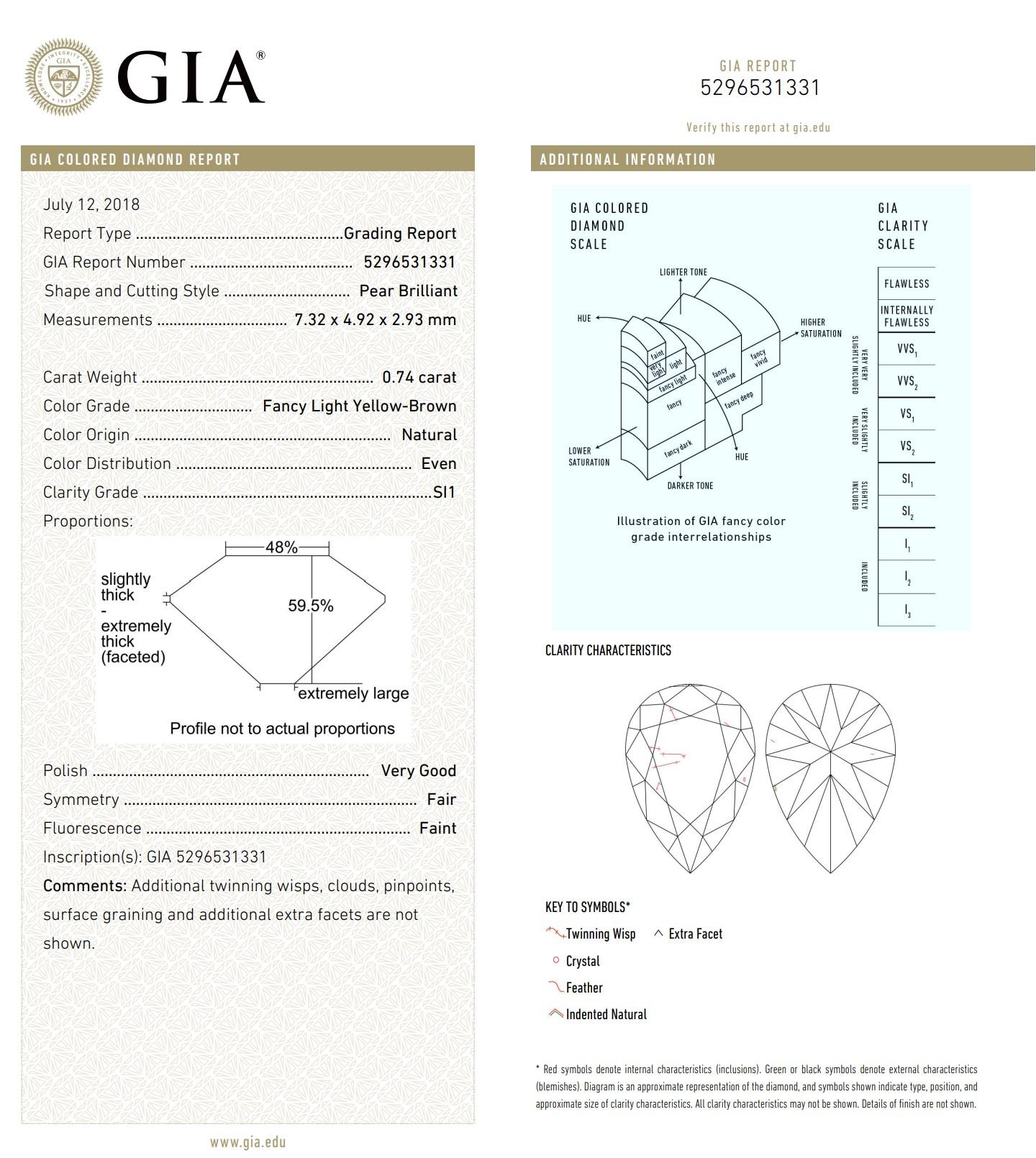 0.74 Carat Fancy Light Yellow Brown Pear cut diamond SI1 Clarity GIA Certified For Sale 1