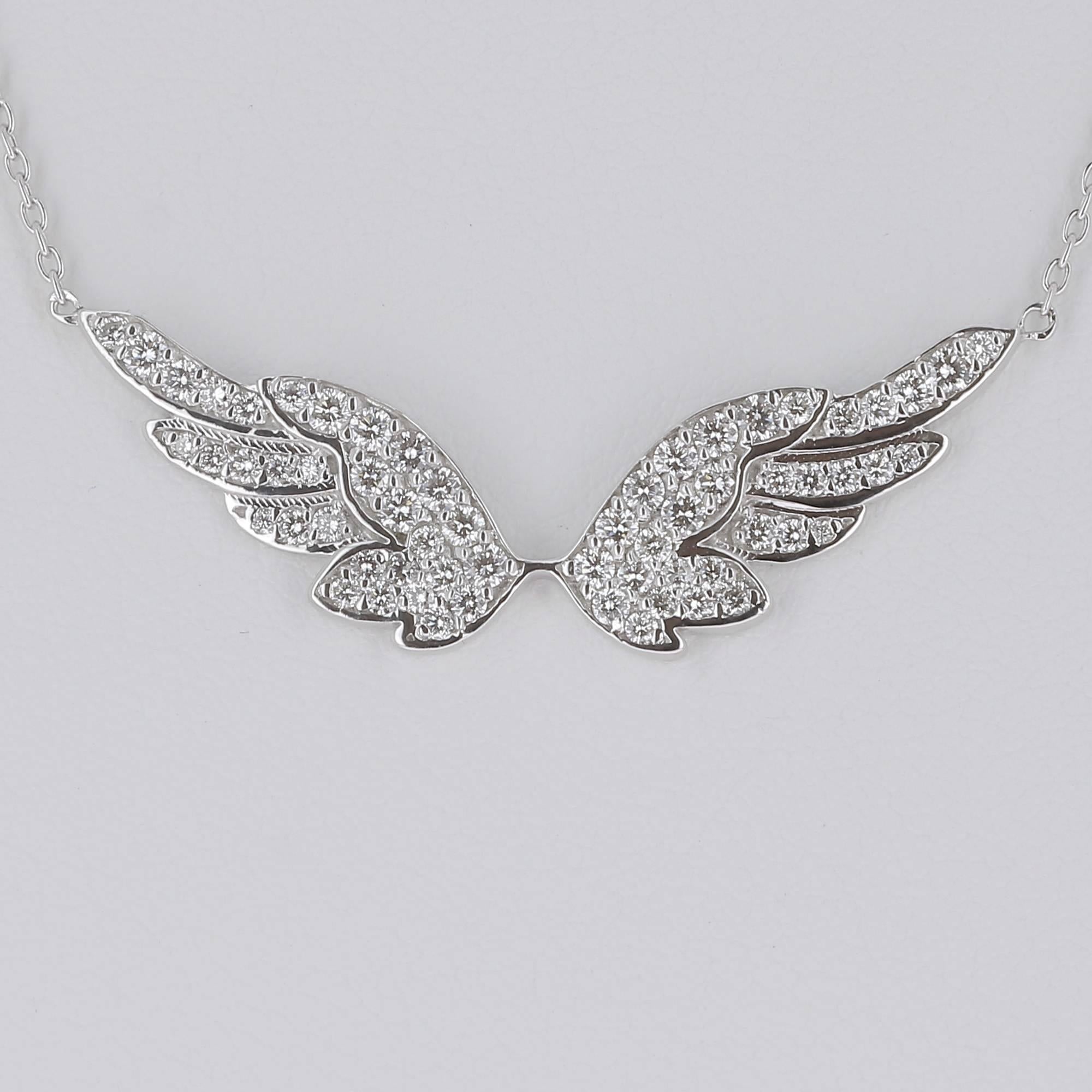 Pendant in the shape of wings totally paved by diamonds weighing 0,74 carats suspended from a chain (channel) of 40 cm
The Diamonds qualities is GVS.
The Necklace Chain is 18K White Gold and is also available in 18K Yellow Gold and 18K Pink Gold.