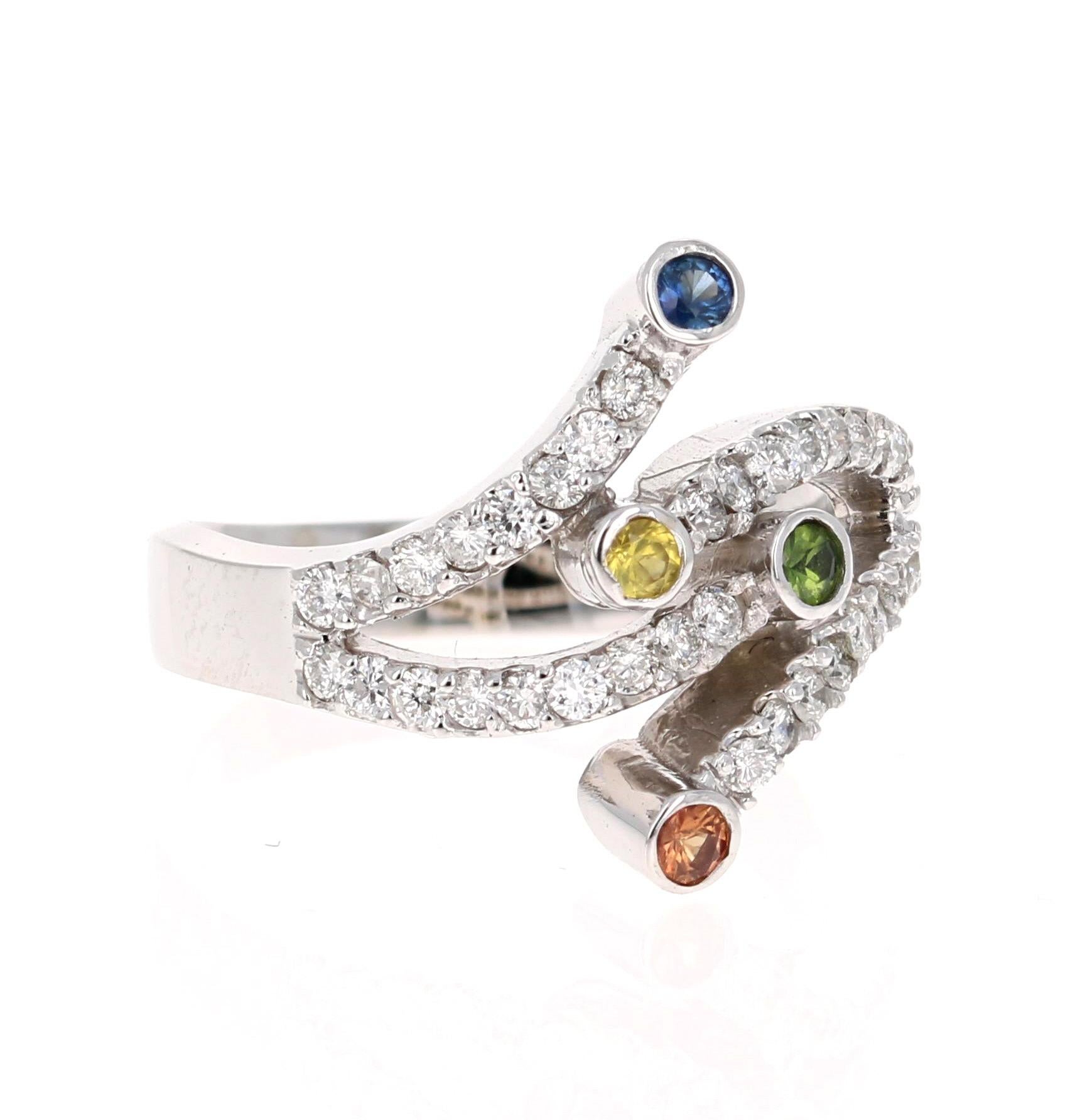 Modern Multi-Color Sapphire and Diamond White Gold Cocktail Ring