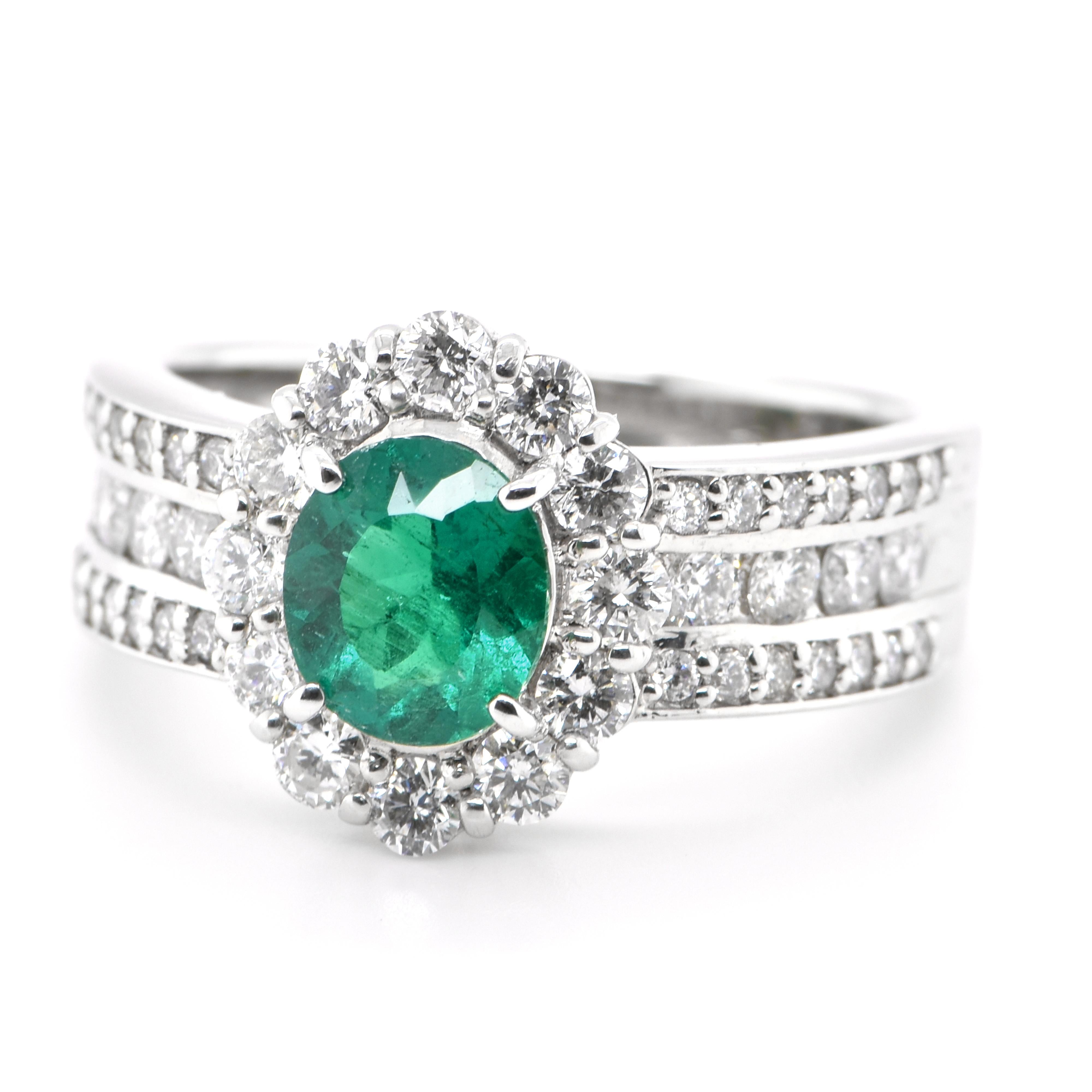A stunning ring featuring a JGGL Certified 0.74 Carat Natural Untreated/Non-Oil Emerald and 1.00 Carats of Diamond Accents set in Platinum. People have admired emerald’s green for thousands of years. Emeralds have always been associated with the