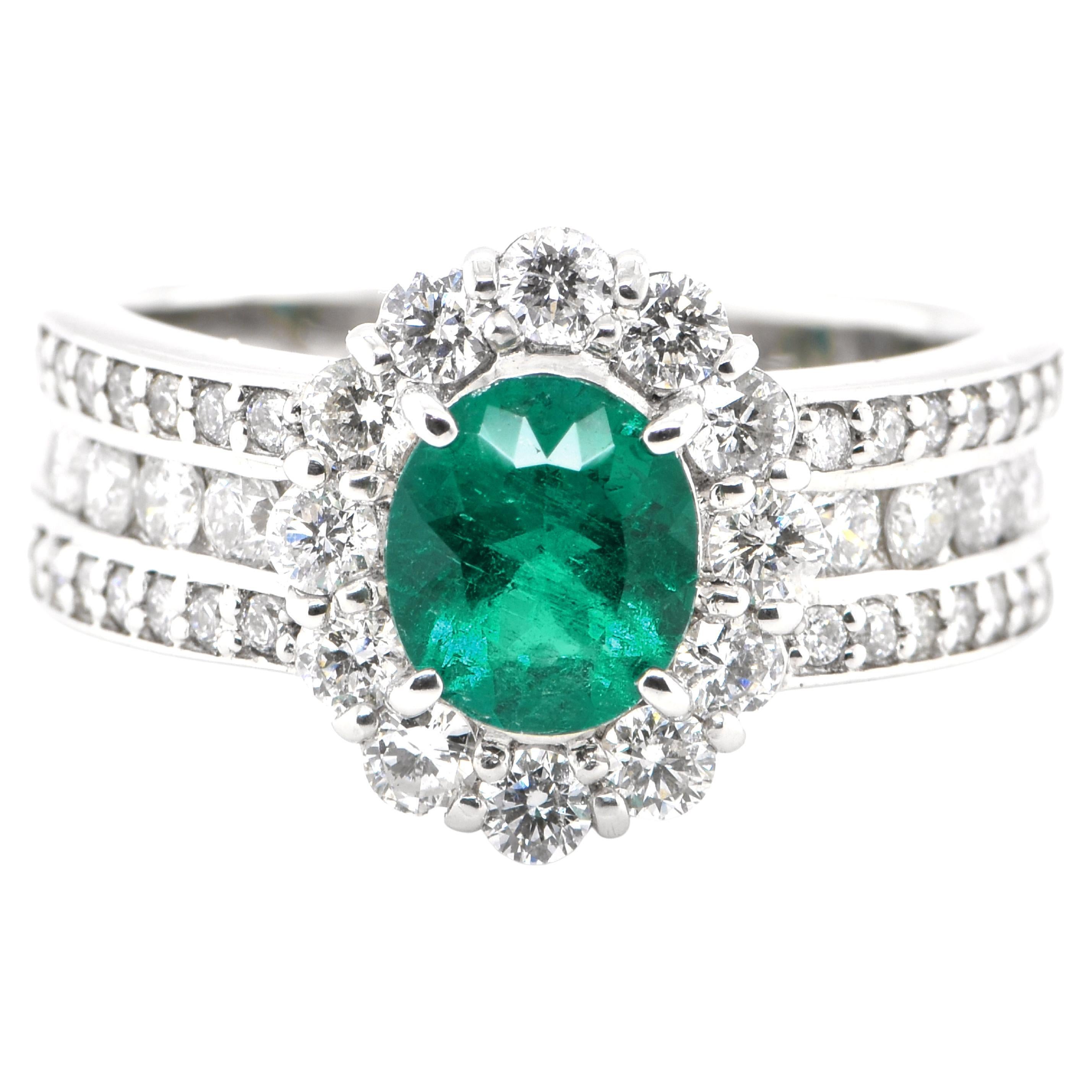 0.74 Carat Natural Untreated 'No-Oil' Emerald and Diamond Ring Set in Platinum