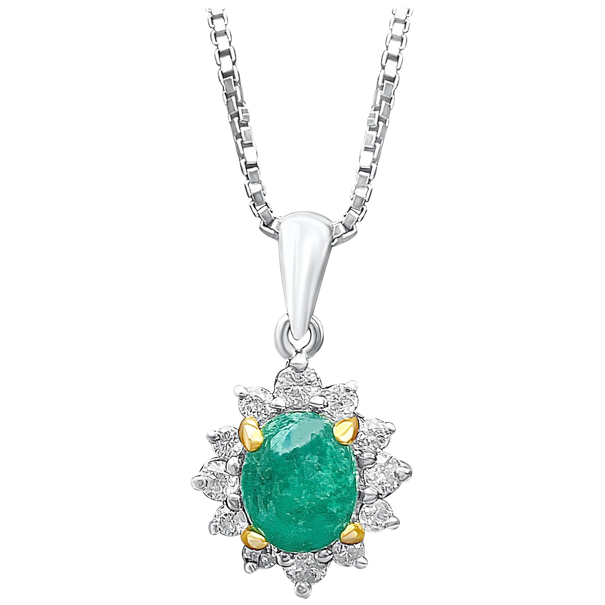 0.74 Carat Oval-Cut Colombian Emerald and Diamond 18 Karat White Gold Pendant For Sale