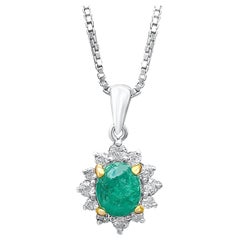 0.74 Carat Oval-Cut Colombian Emerald and Diamond 18 Karat White Gold Pendant