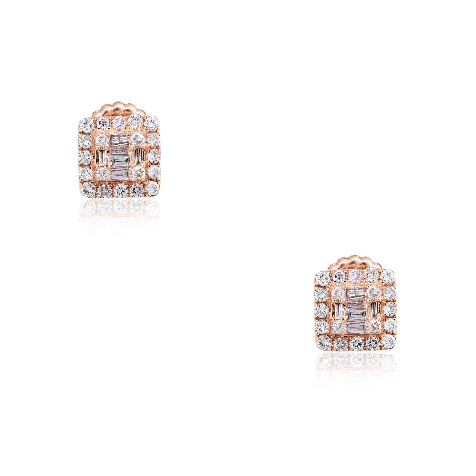 14k Rose Gold 0.74ctw Round Brilliant & Baguette Cut Diamond Mosaic Square Earrings

Product: Mosaic Diamond Square Earrings
Diamonds: All natural diamonds
Material: 14k Rose Gold
Diamond Details: There are approximately 0.60 carats of round