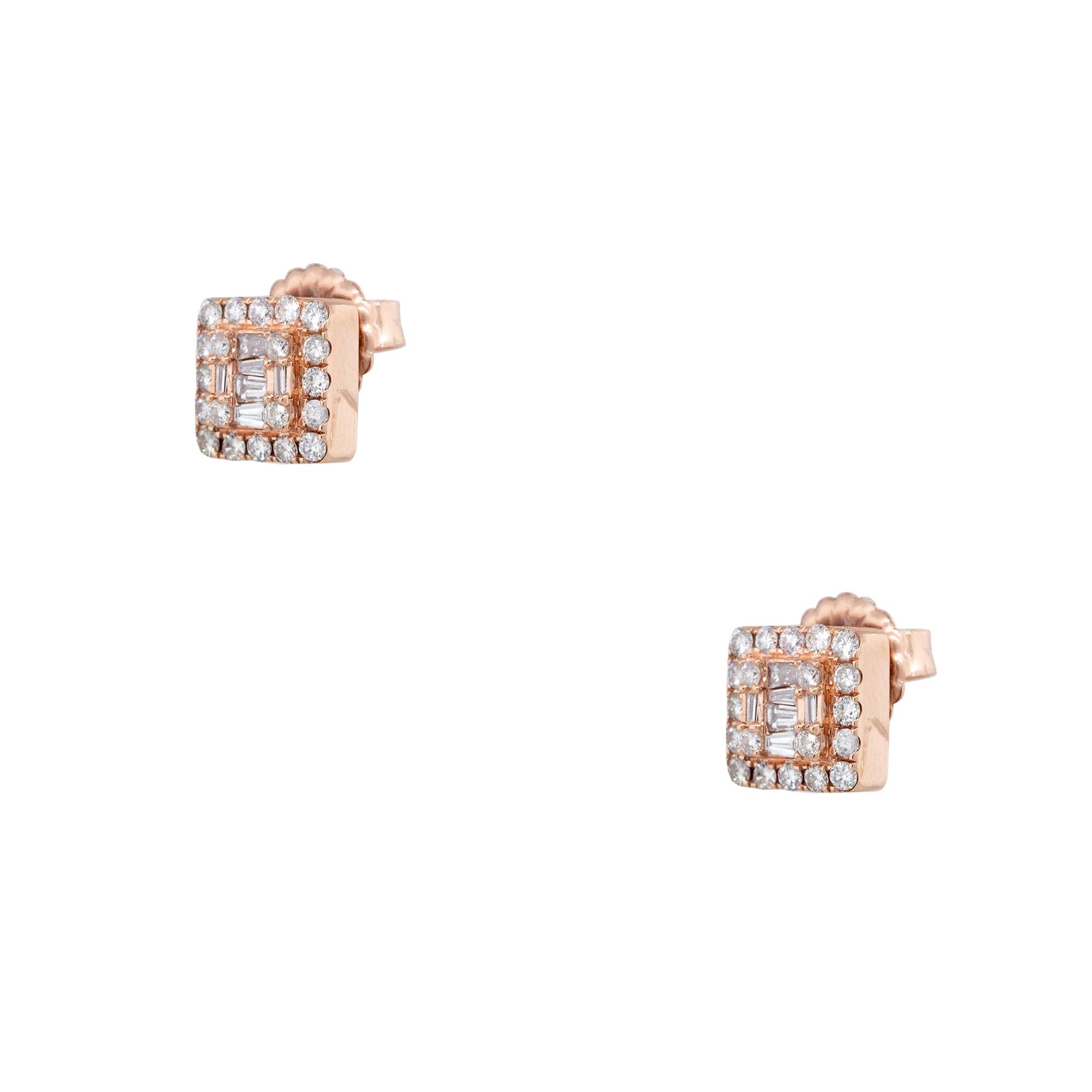 Round Cut 0.74 carat Round Brilliant & Baguette Cut Diamond Earrings 14 Karat In Stock For Sale