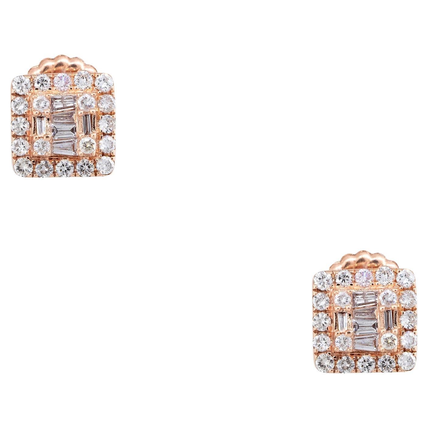 0.74 carat Round Brilliant & Baguette Cut Diamond Earrings 14 Karat In Stock For Sale