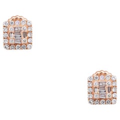 0.74 carat Round Brilliant & Baguette Cut Diamond Earrings 14 Karat In Stock