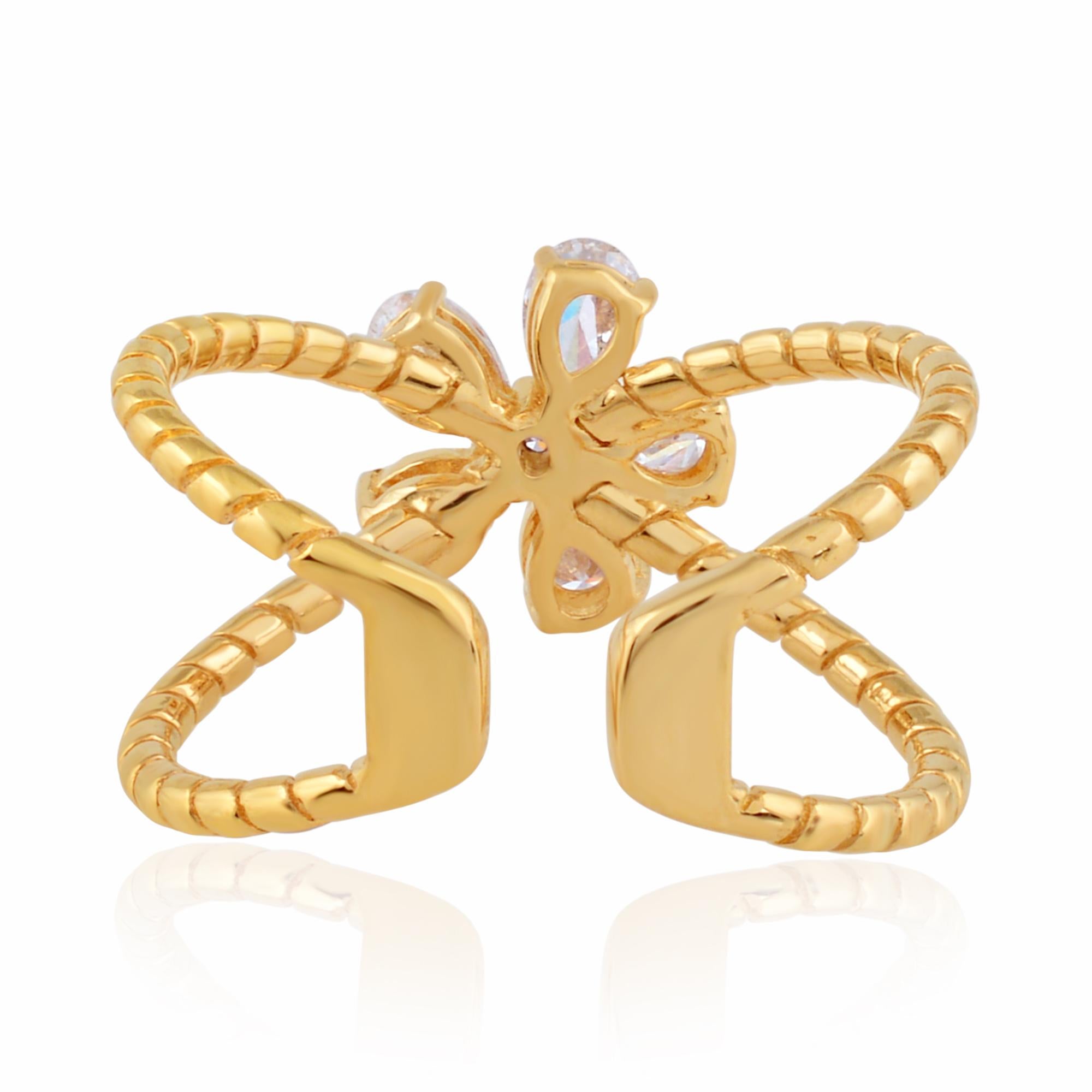 For Sale:  0.74 Carat SI/HI Pear & Round Diamond Criss Cross Cuff Ring 18 Karat Yellow Gold 4