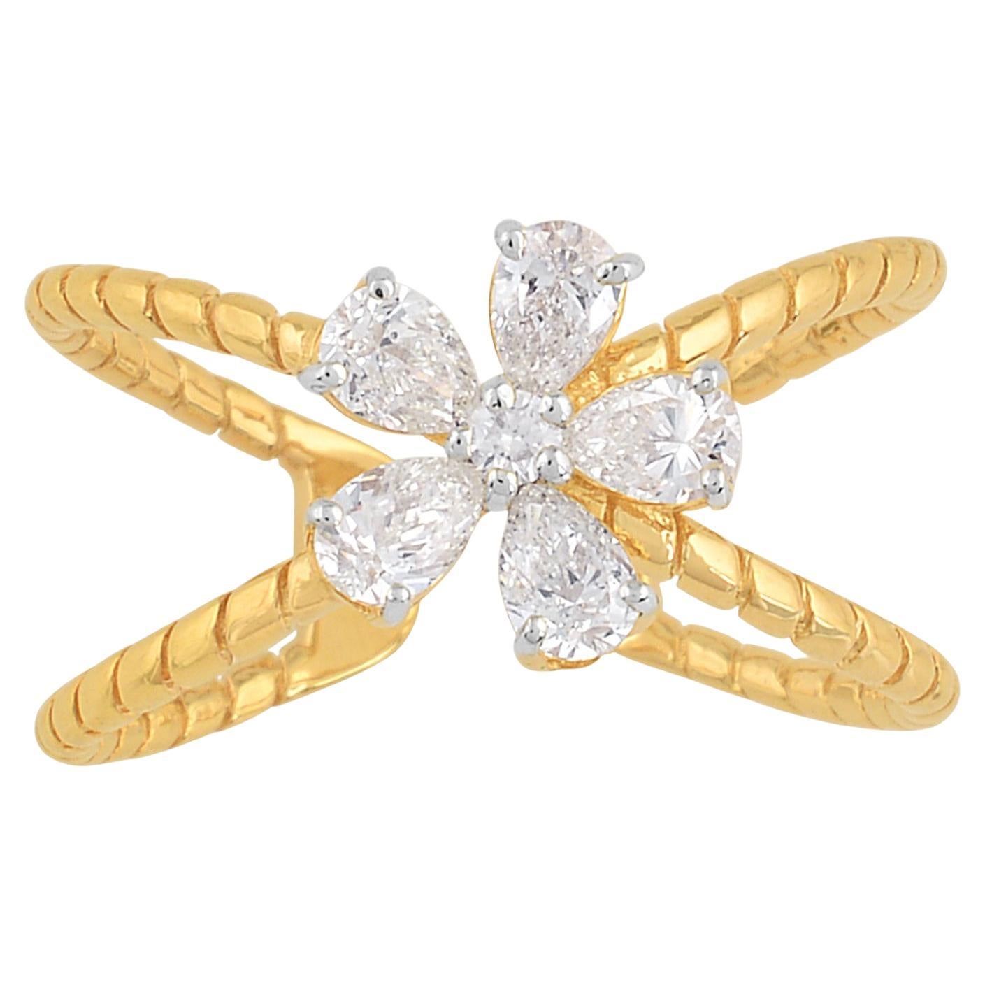 For Sale:  0.74 Carat SI/HI Pear & Round Diamond Criss Cross Cuff Ring 18 Karat Yellow Gold