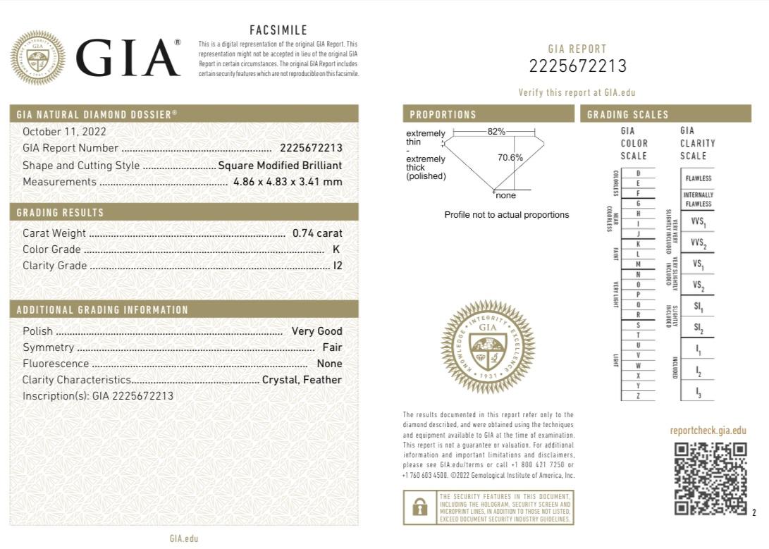 DESCRIZIONE DELL'ARTICOLO
ID #: NYC56895
Forma della pietra: QUADRATO MODIFICATO BRILLANTE
Peso del diamante: 0,74ct
Chiarezza: I2 
Colore: K
Taglio: Eccellente
Misure: 4,86 x 4,83 x 3,41 mm
Profondità %: 70.6%
Tabella %: 82%
Simmetria: