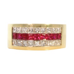 0.74 Carat Total Princess Cut Ruby Ans Diamond Cocktail Ring in 18 Karat Gold