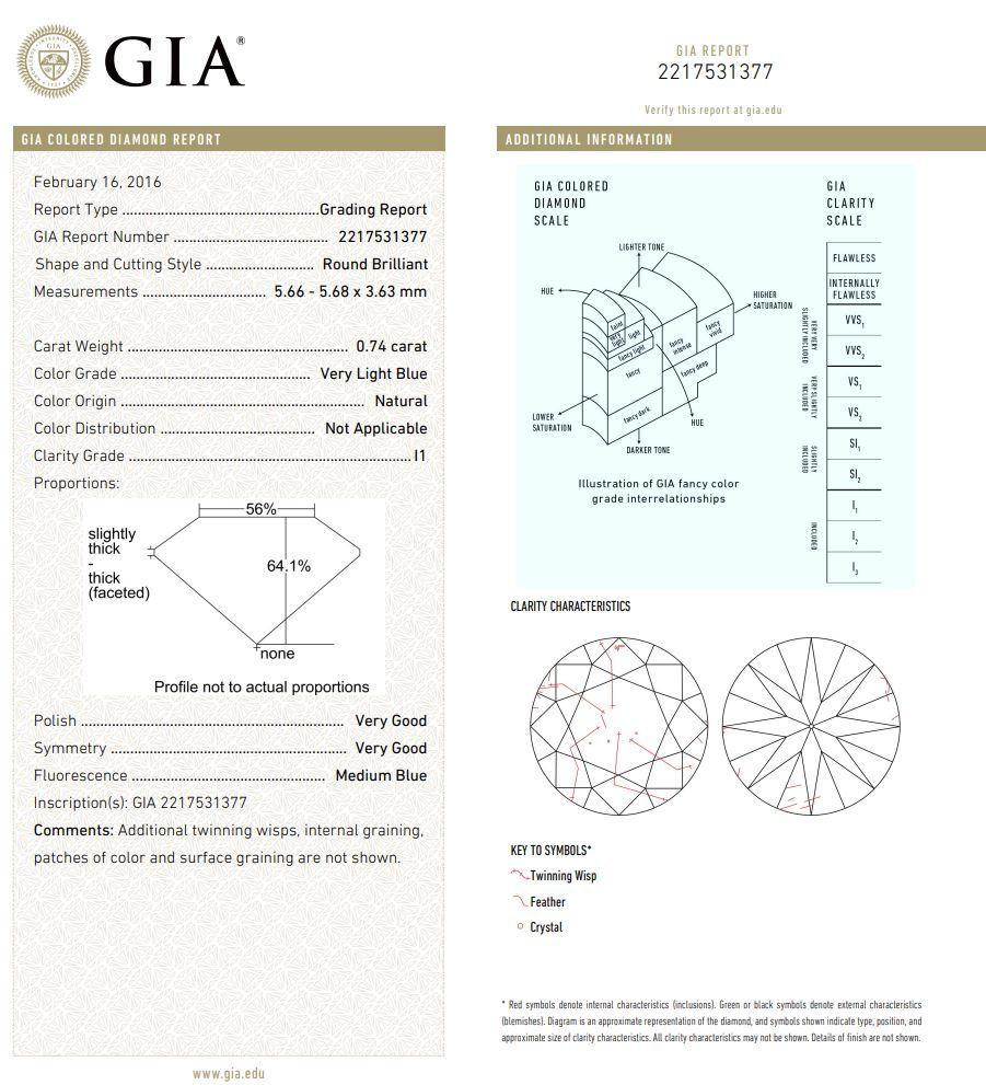 0.74 Carat Very Light Blue Round cut diamond I1 Clarity GIA Certified For Sale 2