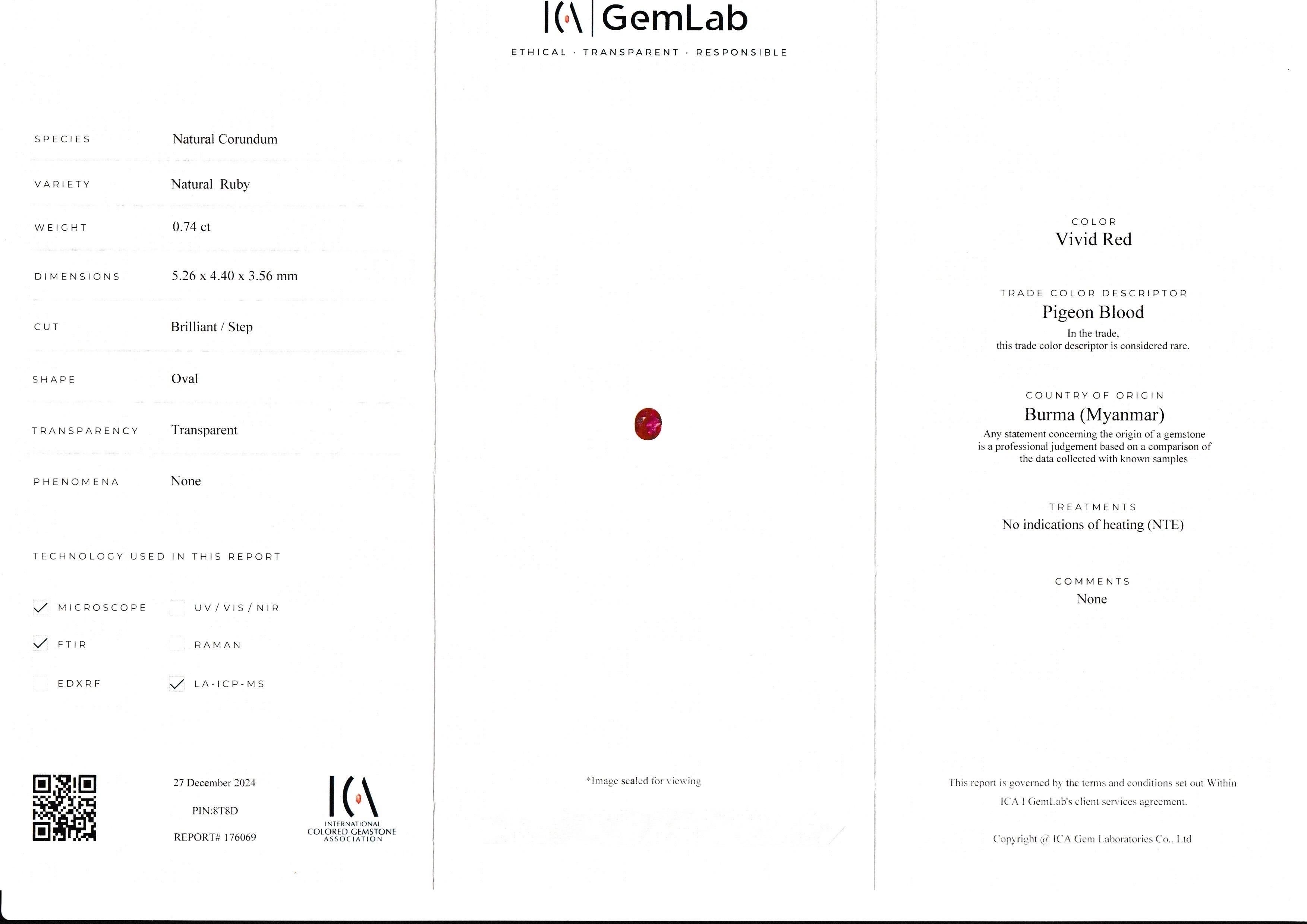 Taglio brillante 0,74 carati certificati ICA Nature  Gemma del colore del sangue di piccione di Birmania in vendita