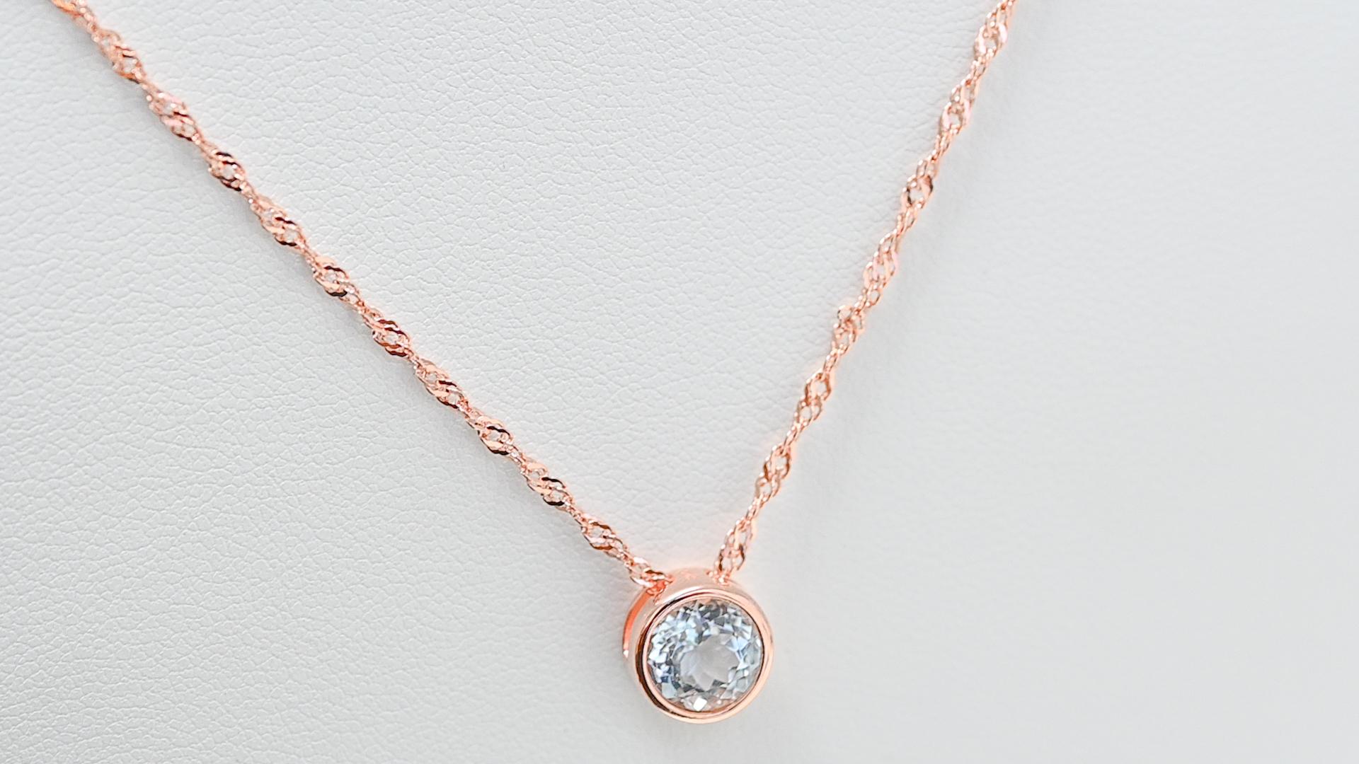 Art Deco 0.74 Cts Round Aquamarine 18K Rose Gold Plated Sterling Silver Pendant Necklace  For Sale