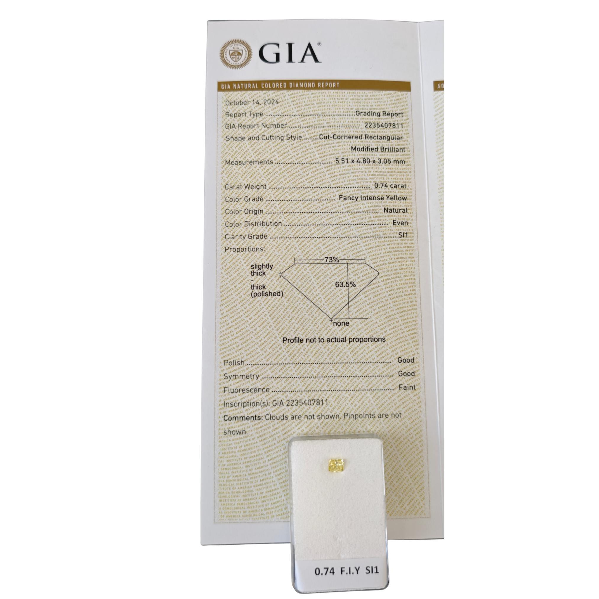 Diamante naturale giallo intenso di fantasia da 0,74 carati, taglio radiante, certificato GIA in vendita 2