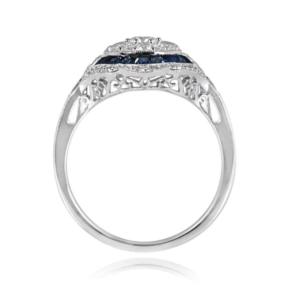 Art Deco 0.74ct Round Brilliant Cut Diamond Cluster Ring, Diamond&Sapphire Halo, Platinum
