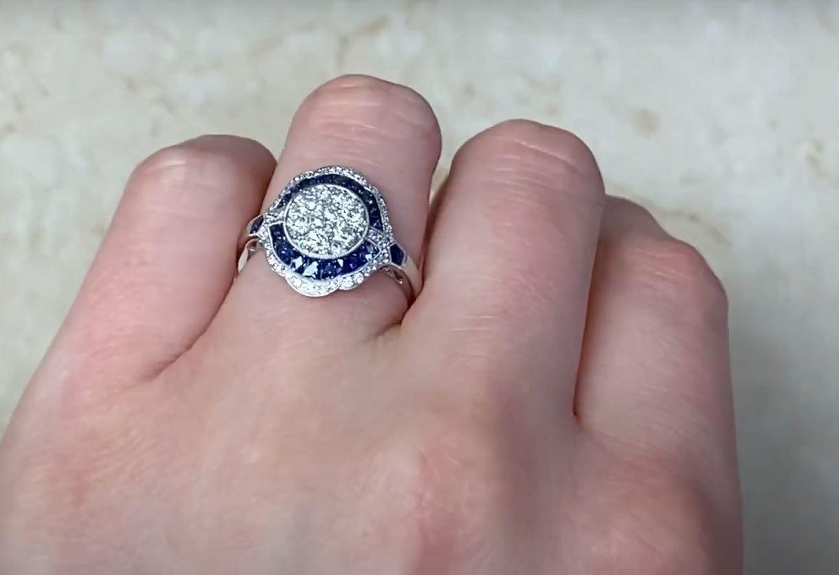 0.74ct Round Brilliant Cut Diamond Cluster Ring, Diamond&Sapphire Halo, Platinum In Excellent Condition In New York, NY