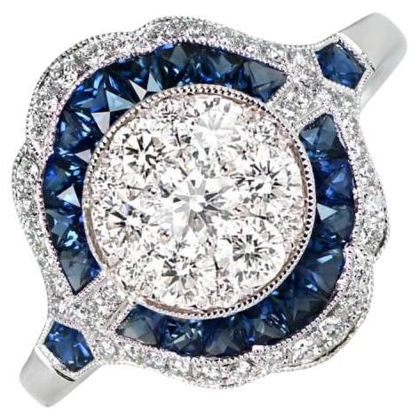 0.74ct Round Brilliant Cut Diamond Cluster Ring, Diamond&Sapphire Halo, Platinum